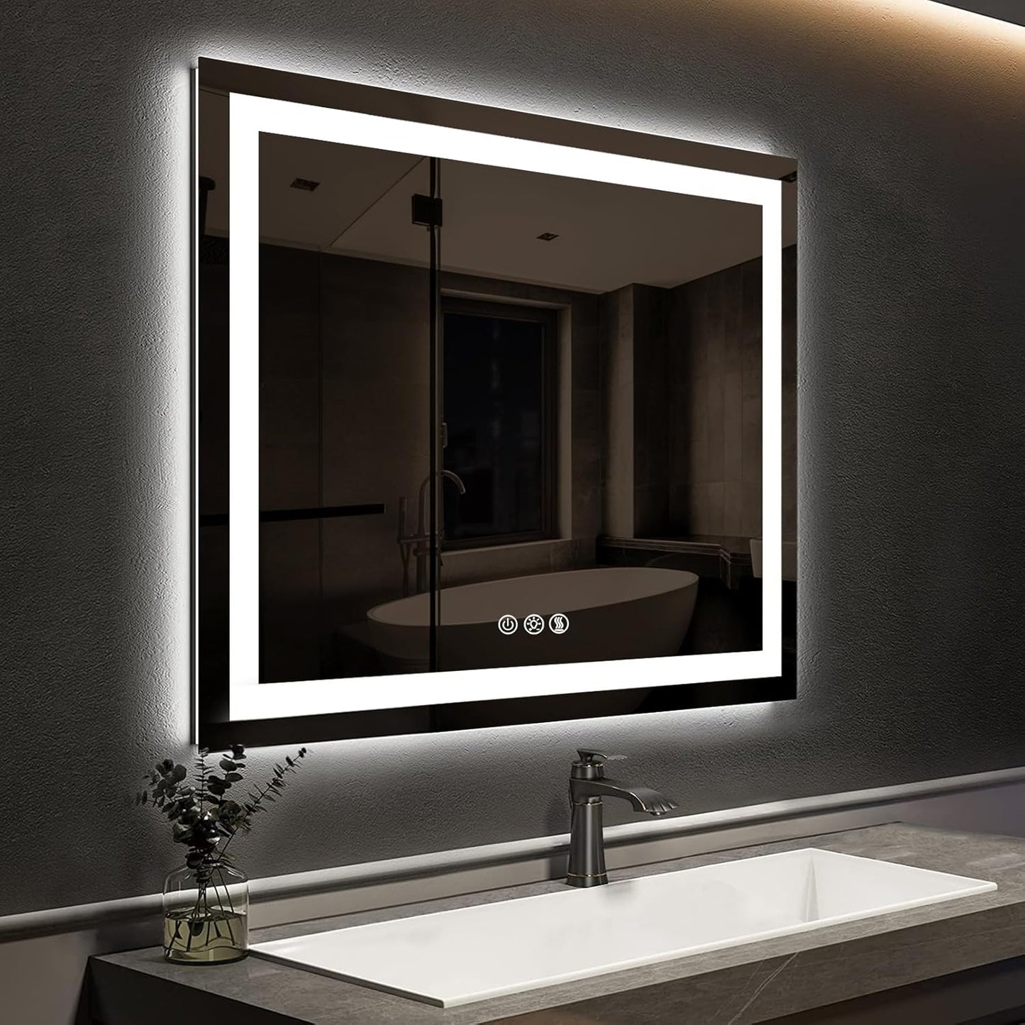 ROOMTEC 36 x 36 Inches LED Bathroom Mirror with Front and Backlit,Anti-Fog,3 Colors and Dimmable Light(Horizontal/Vertical), Silver
