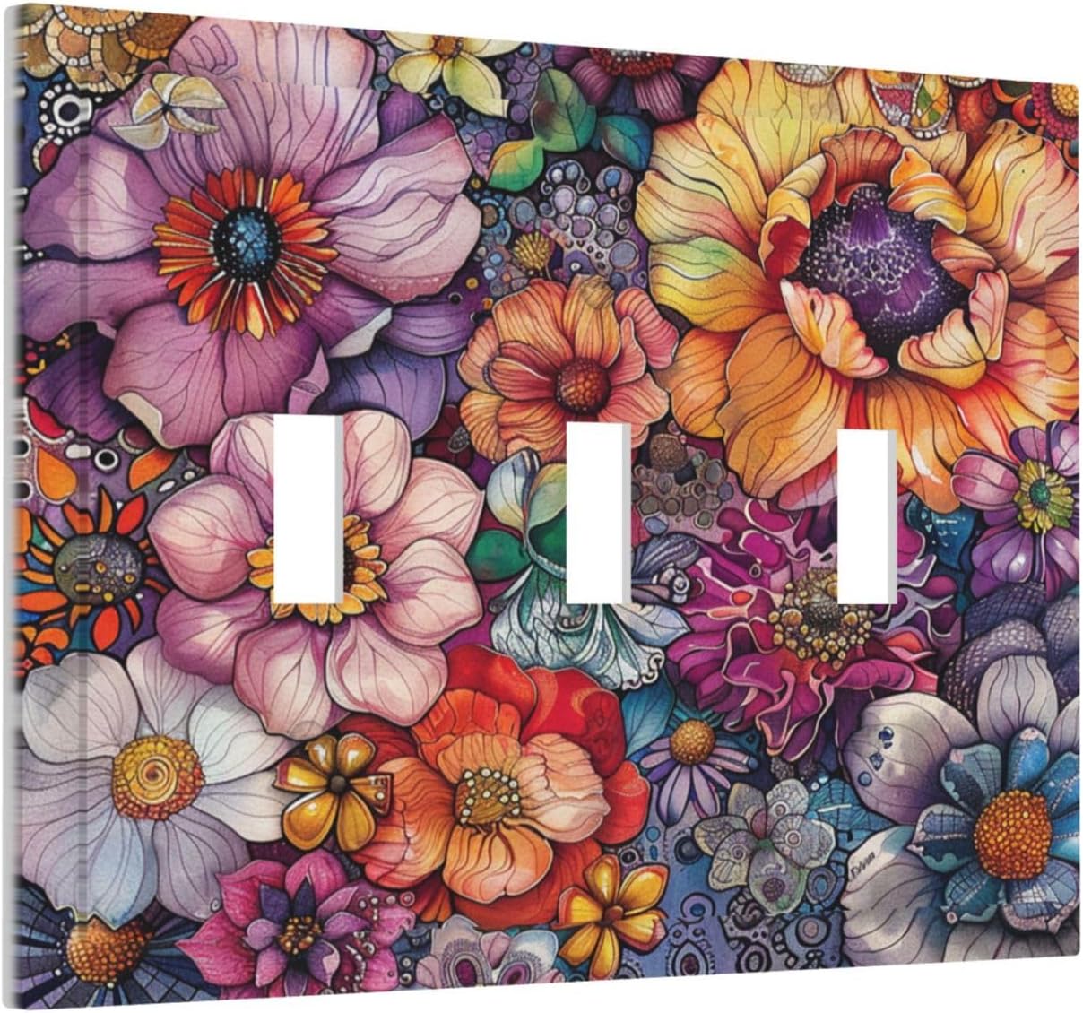Decorative Switch Plates Colorful Bohemian Flowers Vintage Boho Floral 3 Gang Wall Plate Triple Toggle Light Switch Cover Faceplate Electrical Wall Panels for Bed Room living Room Decor