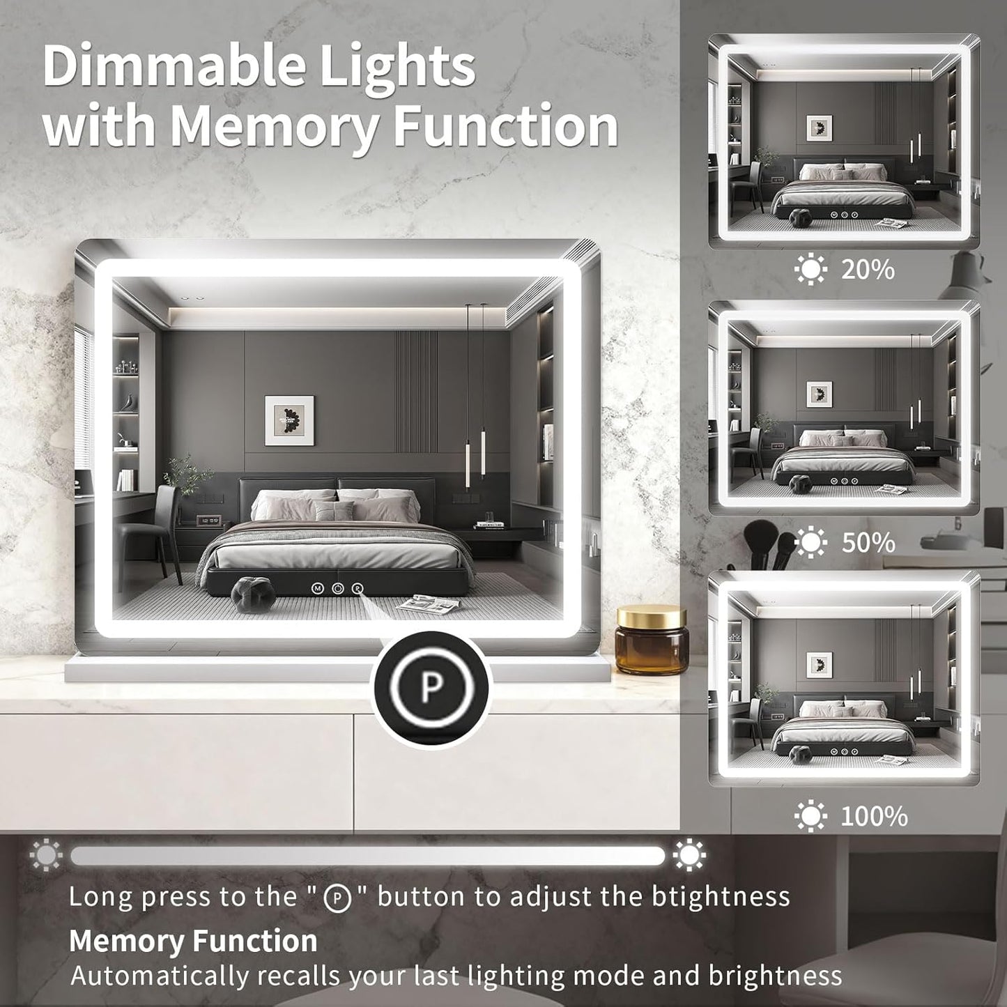 ROLOVE 23x18 Inch Vanity Mirror with Lights, 3-Color Modes, Dimmable LED Mirror with Touch Control - Large Makeup Mirror for Dressing Room (Wall/Tabletop Mount)