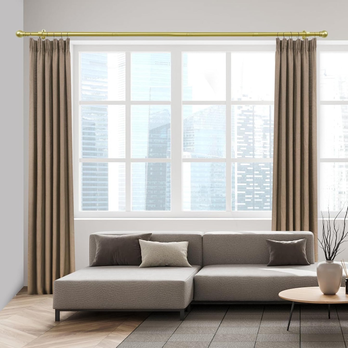 Curtain Rods for Windows 16 to 136 Inches, Curtain Rod Max Adjustable Length of 144 IN, 1" Diameter Drapery Rods Round Finials, Warm Gold, Pack of 2
