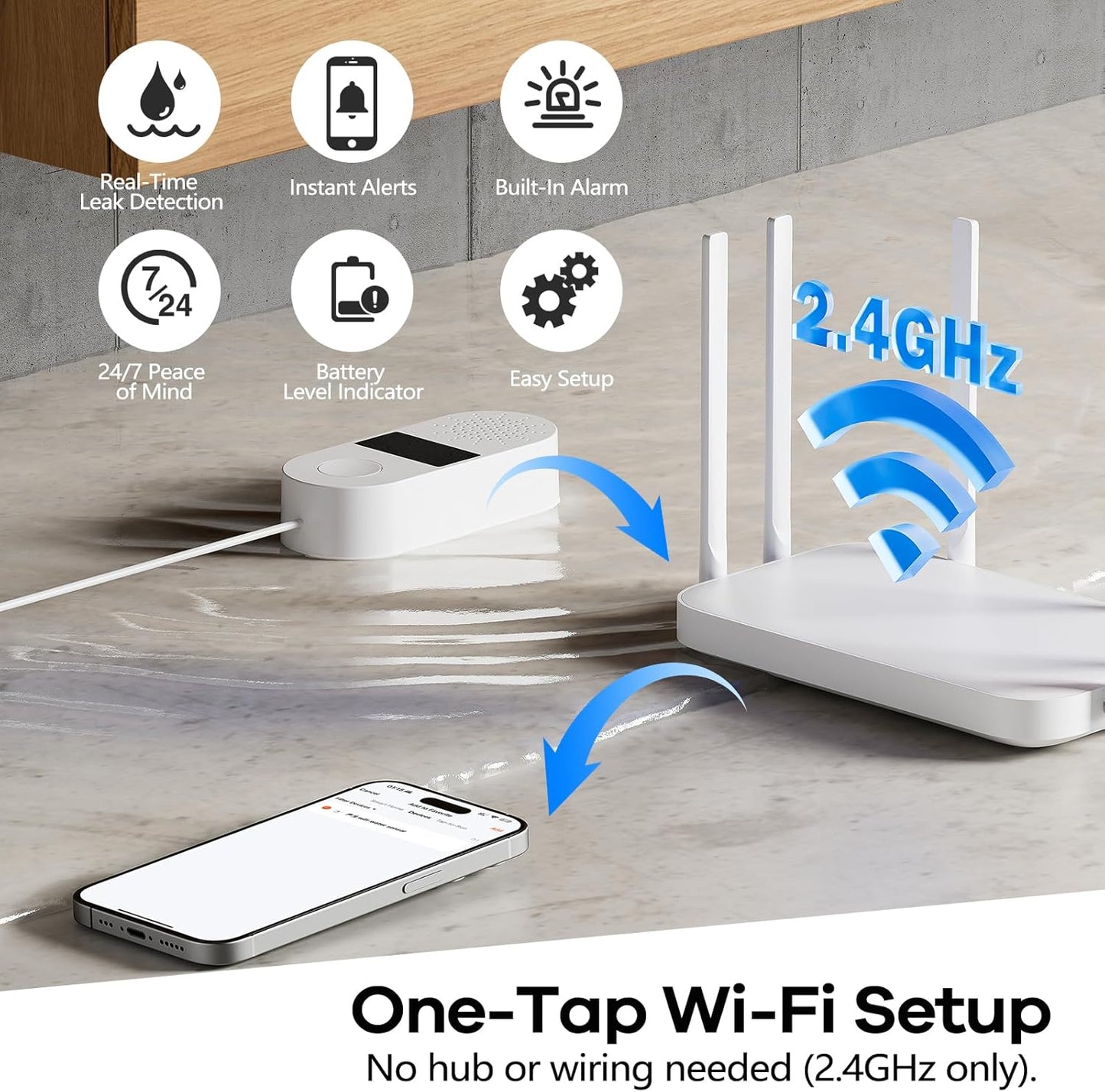 WiFi Water Leak Detector 4 Pack - Smart Water Leak Sensors with Tuya App Alerts, 130dB Loud Siren, 39" Extended Probe, Battery Powered, No Hub Required for Kitchen Bathroom Basement Laundry Room