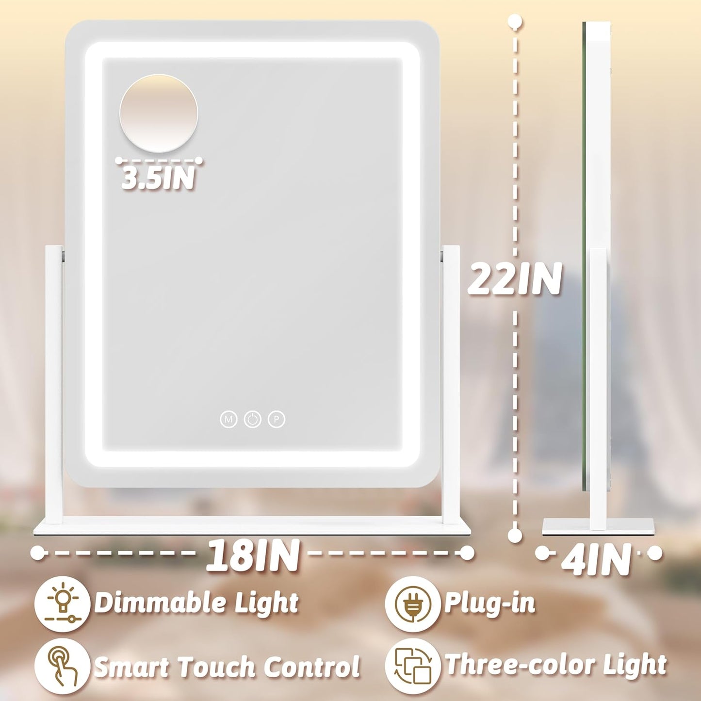 ROLOVE 22x18 Inch Vanity Mirror with Lights, 3 Color Dimmable LED Lighting, Smart Touch Control & 360° Rotation, Large Makeup Mirror for Bedroom, Dressing Room (White)