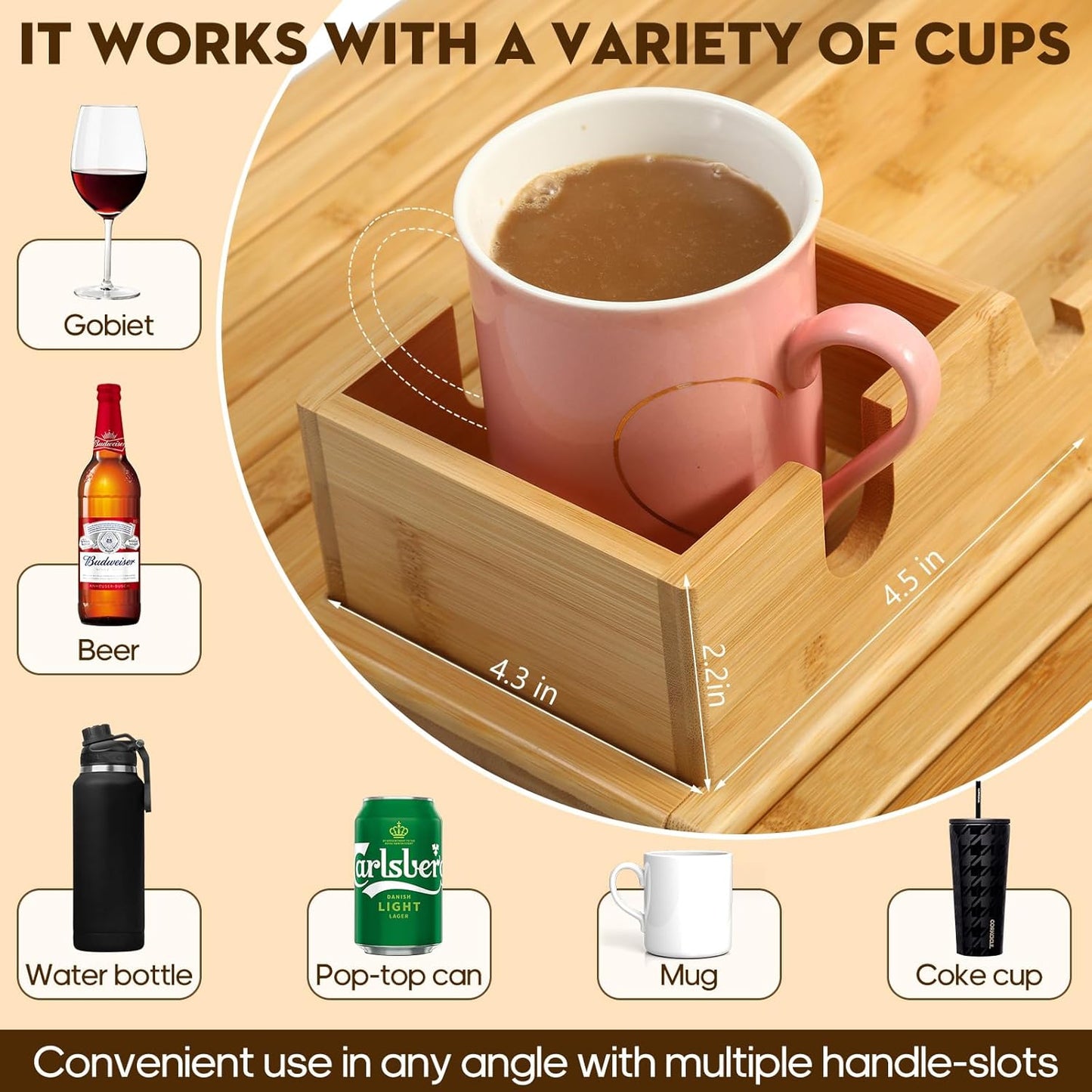 Bamboo Couch Arm Tray with Detachable Cup Holder, 2 in 1 Foldable Anti-Falling Design for Cups, Snacks, Remote, Cellphone