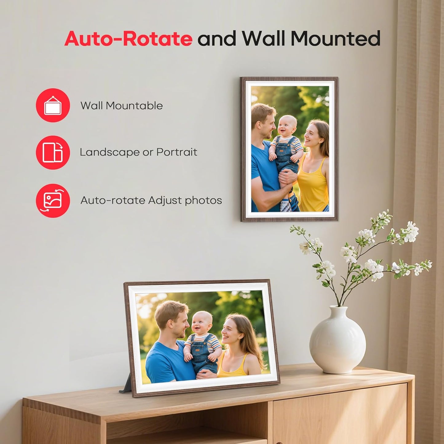 Frameo 10.1" Wood WiFi Digital Picture Frame with 32GB Memory, 1280 x 800 IPS HD Touch Screen Electronic Photo Frame, Auto-Rotate, Slideshow, Wall Mountable, Share Photos/Video Remotely Anywhere