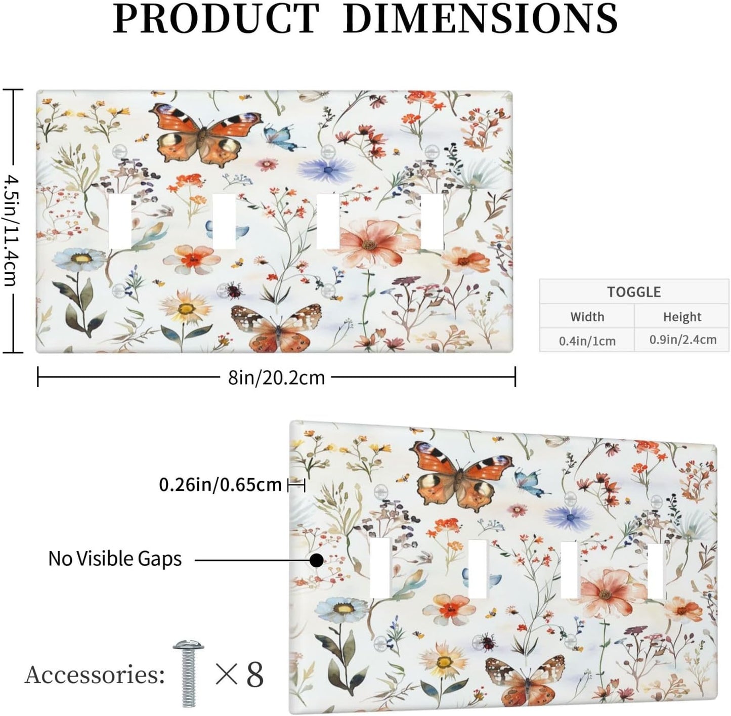 Light Switch Covers Butterfly Floral Boho Multicolor Flower Leave Quad Toggle Electrical Faceplate 4 Gang Wall Plate Decorative Switch Plates for Bed Room living Room Decor