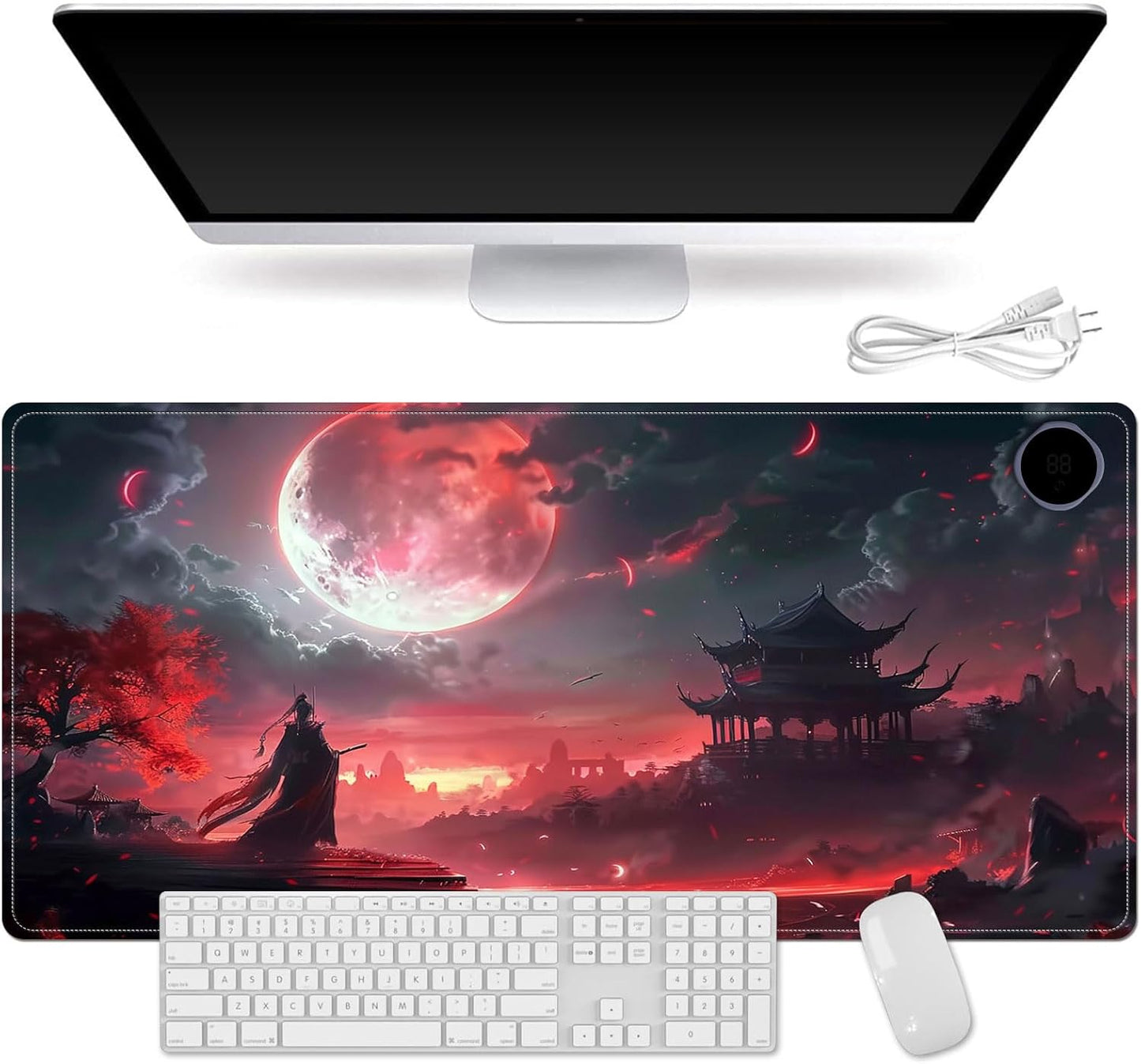 Heated Mouse Pad for Desk 31.5" x 13" – PU Leather Warm Desk Pad with 3 Heat Levels (104°F/113°F/122°F), Plug-in Electric Heating Mat with Auto Shut-Off, Waterproof & Rollable, Bloody Moonlight