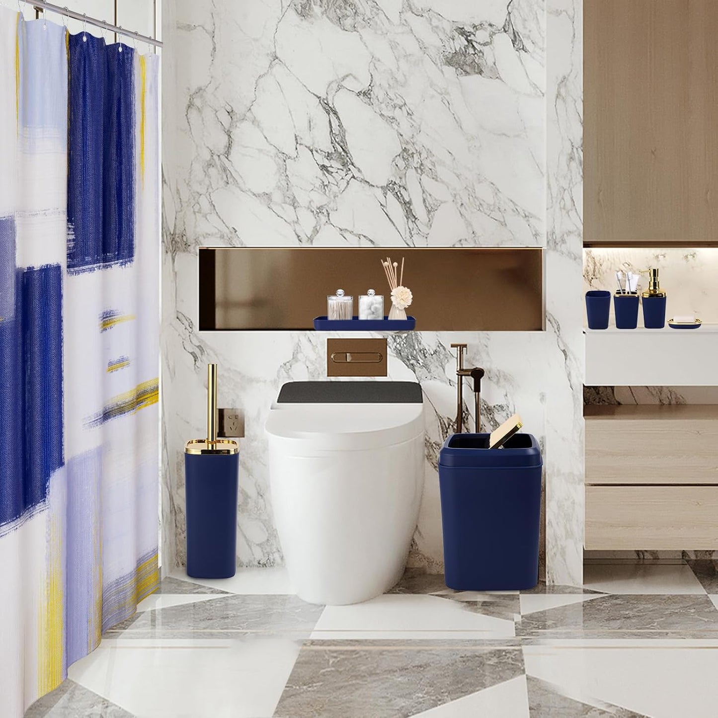 Blue and Gold Bathroom Accessories Set, Bathroom Sets with Shower Curtain, Blue Bathroom Accessories with Trash Can, Soap Dispenser, Soap Dish, Toilet Brush Holder, Qtip Holders for Bathroom