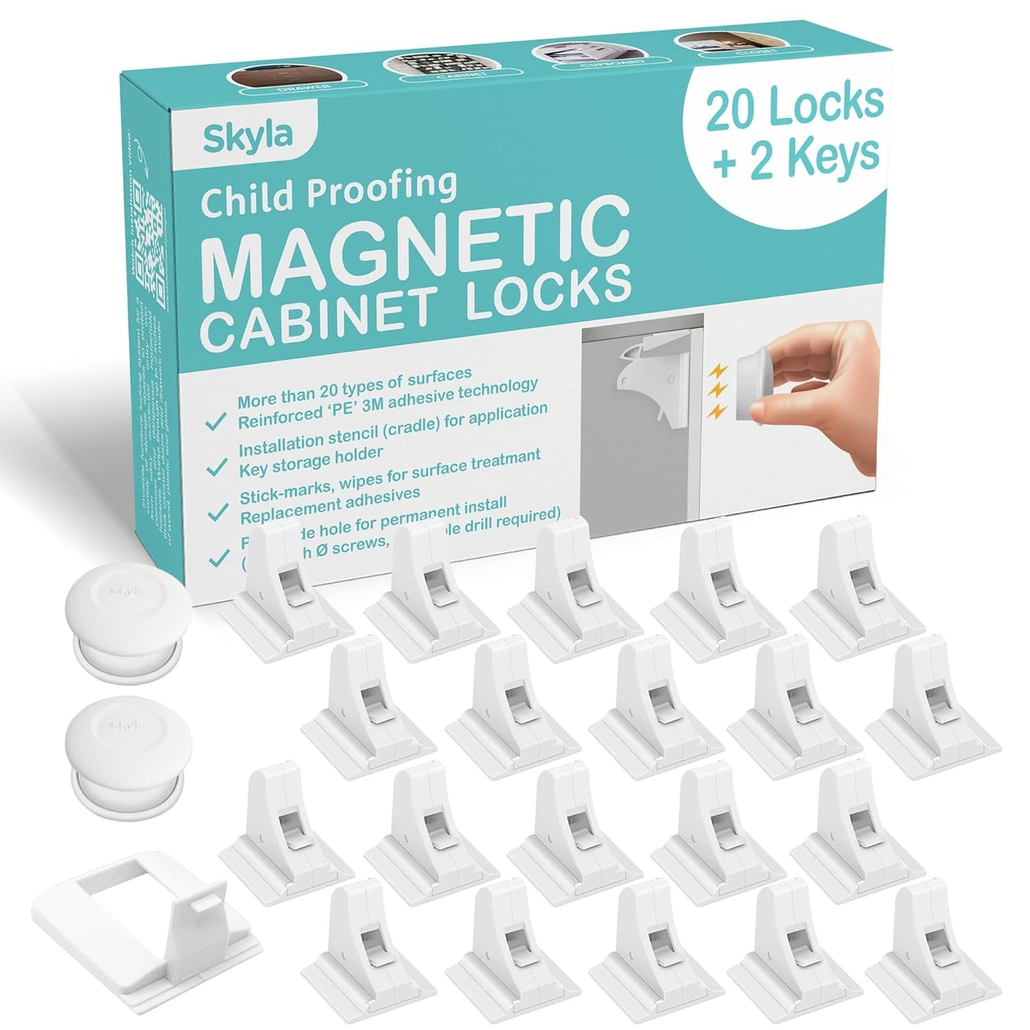 SKYLA HOMES Magnetic Cabinet Locks Baby Proofing Child Safety - The Safest Quickest and Easiest Multi-Purpose 3M Adhesive Child Proof Latches, No Screws or Tools Needed (20 Pack)
