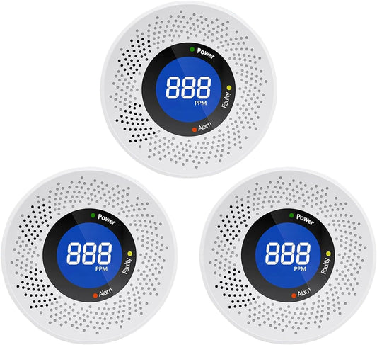 Carbon Monoxide Detectors, Travel Carbon Monoxide Detector Battery，Replaceable Battery Operated CO Detector Alarm with Digital Display for Warehouse, Kitchen, Restaurant,Hotel, Garage, 3 Packs