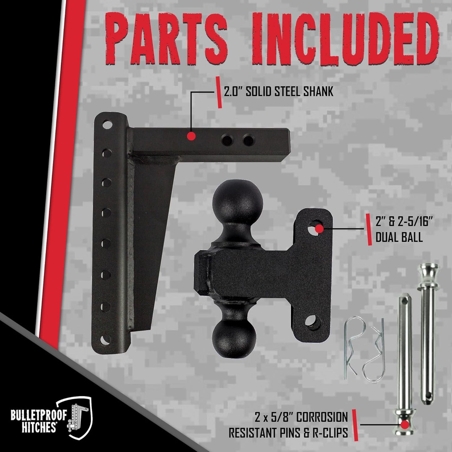 BulletProof Hitches - 2.0" Adjustable Heavy Duty Trailer Hitch (22,000 lb. Rating) - 10" Drop/Rise Trailer Hitch with 2" & 2-5/16" Dual Ball - Powder Coat, Solid Steel, Corrosion-Resistant