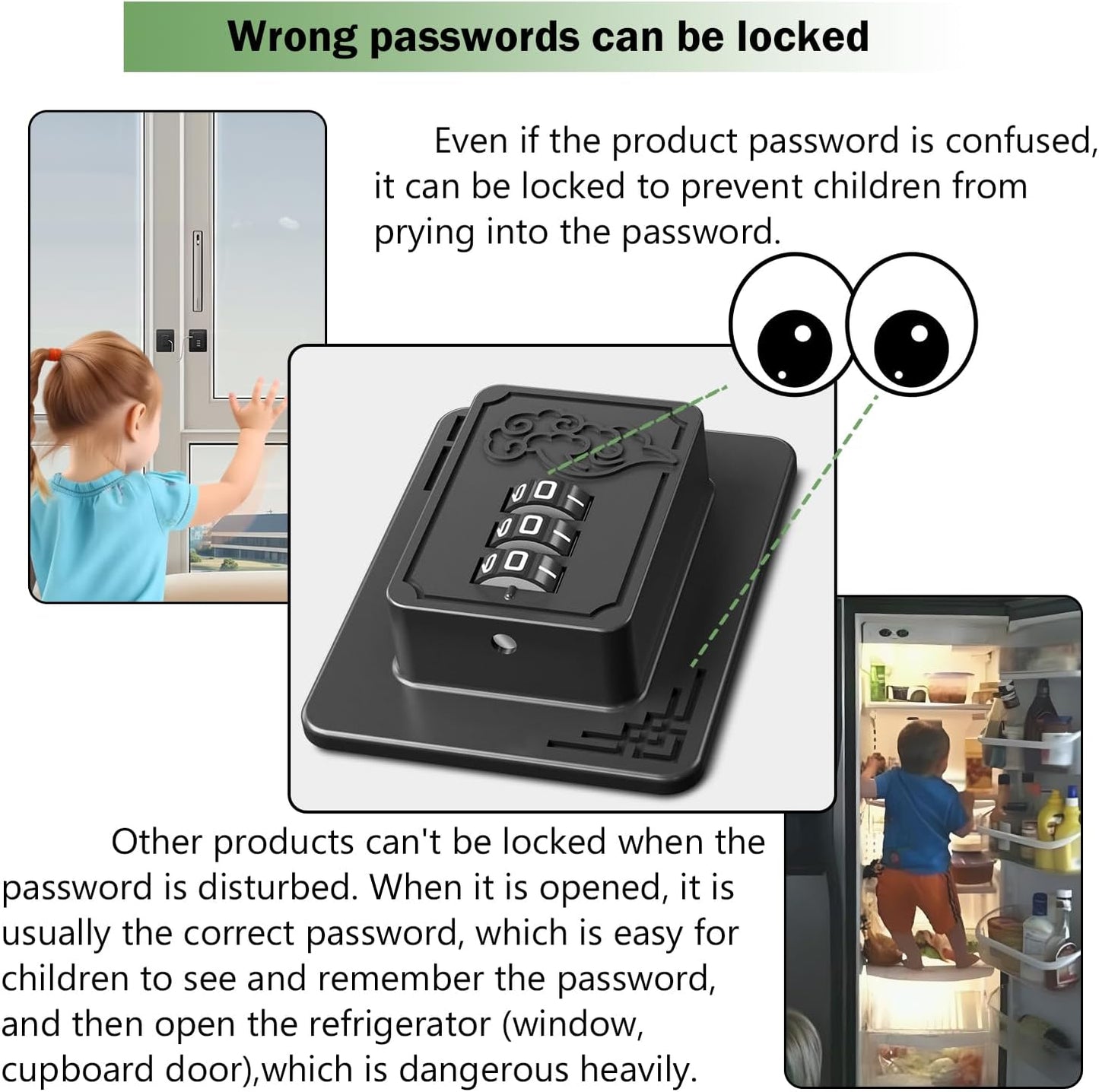 4 Pack Refrigerator Locks with 3 Digit Code, Easy Install Fridge Lock Combination, Premium Freezer Lock, Child Proof Cabinet Locks for Refrigerators, Drawers, Closets, Windows (Black)