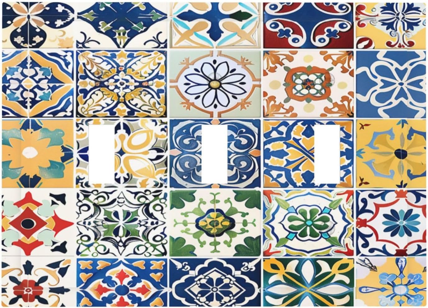 Decorative Switch Plates Moroccan Traditional Mexican Talavera Til 3 Gang Wall Plate Triple Toggle Light Switch Cover Faceplate Electrical Wall Panels for Kitchen Home Decor