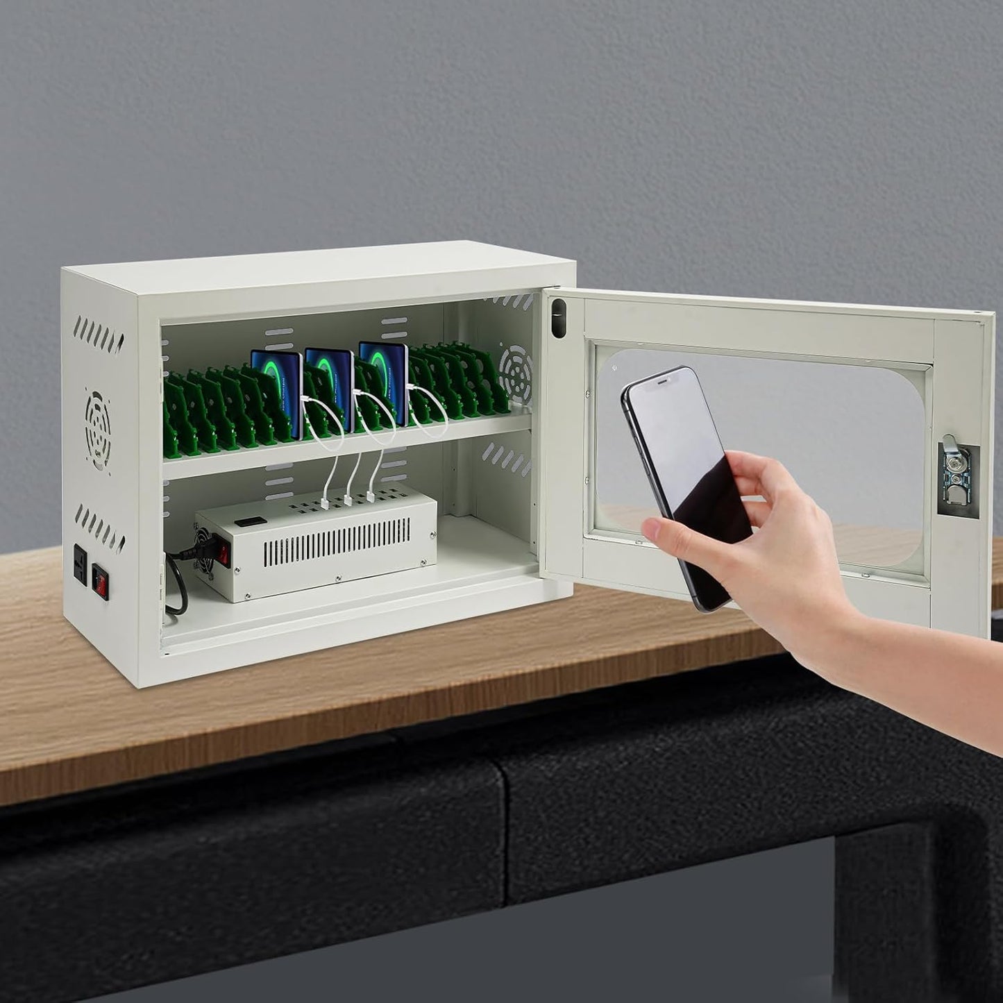 20 Device Charging Station Cabinet with Lock - 200W Multi-Port US Outlet for Phones & Tablets - Wall Mount/Desktop Secure Charging Locker for Schools, Gyms, Hotels - Tempered Glass Door (5V/2A Port)