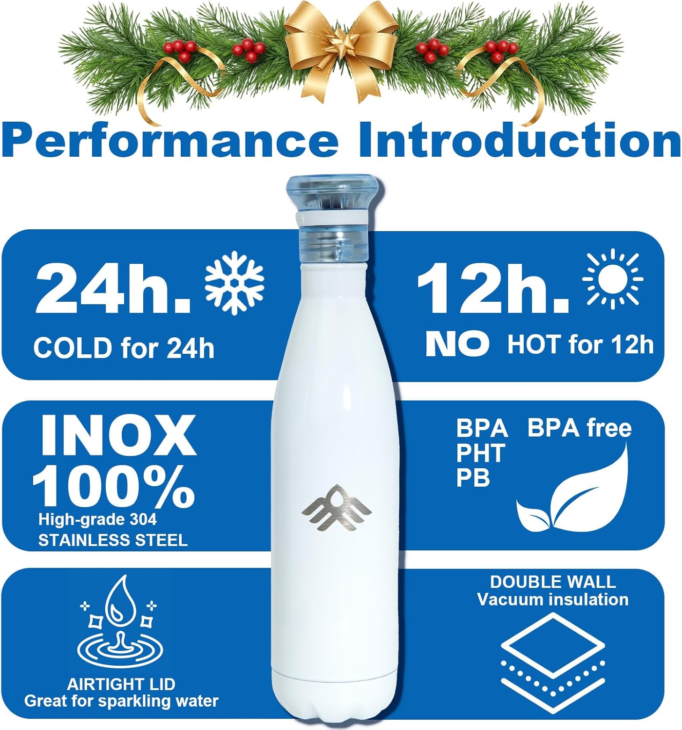 Smart Self-Cleaning Water Bottle 17oz Cobalt Stainless Steel Insulated Purifying Bottle LED + Activated-Carbon Dual Filtration USB-C Rechargeable BPA-Free for Outdoor, Gym & Office