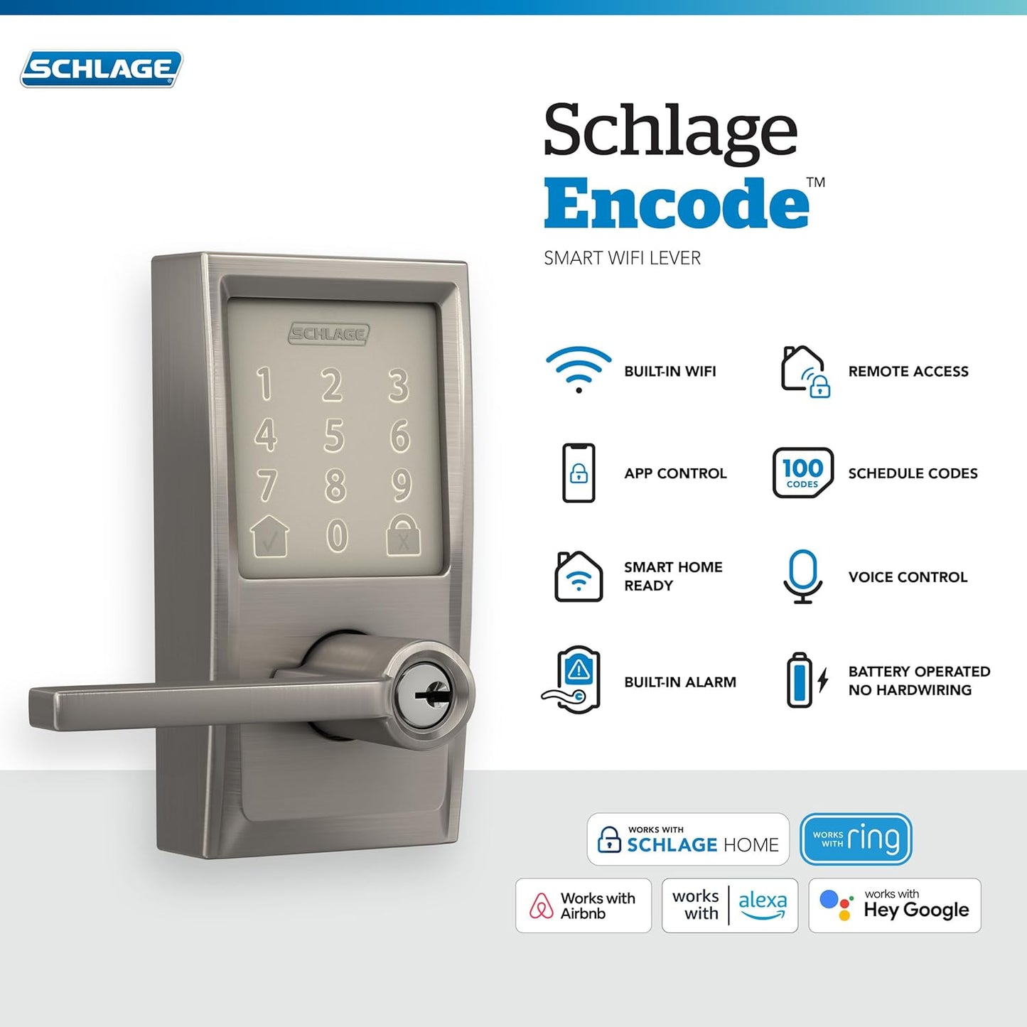 Schlage FE789WBCEN619LAT Encode Century WiFi Latitude Lever Smart Keyless Entry Touchscreen Door Lock, Satin Nickel