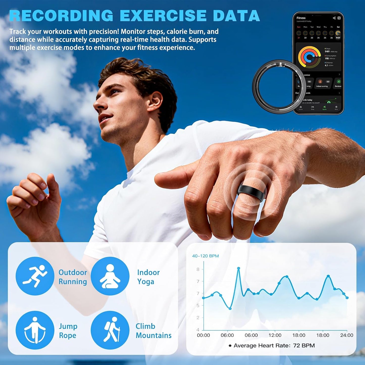 Fitness Tracker Smart Ring for Men Women – Sleep & Heart Rate Monitor, Health Activity Tracker, Step Counter, Calorie Pedometer, No Subscription Required (Black 11)