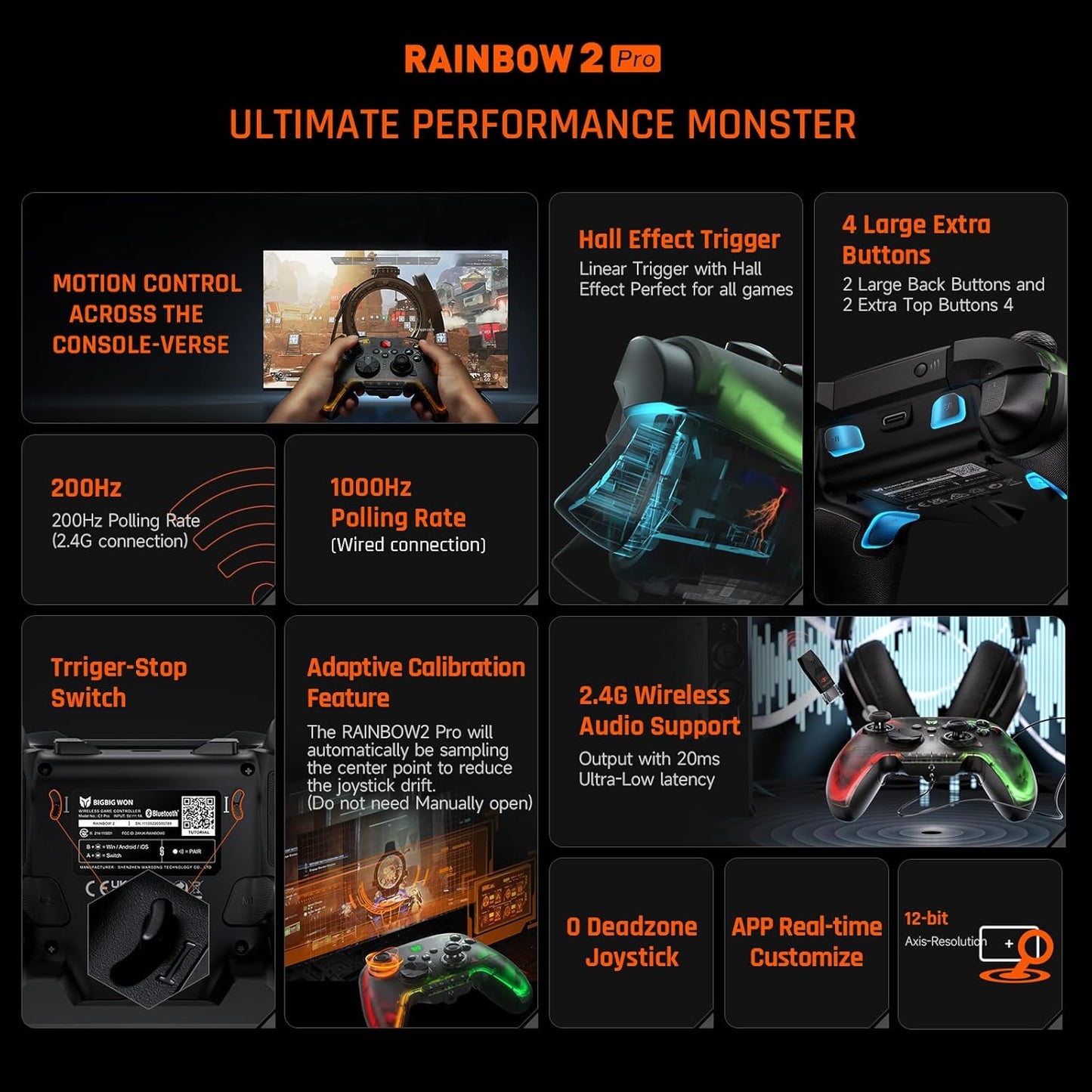 BIGBIG WON Wireless Controller, Rainbow 2 Pro PC Controllers Motion Aiming, Hall Triggers, ALPS Joystick, Custom Button, 3.5mm Audio Gaming Controller for PC Windows/Android/iOS/Switch Controllers