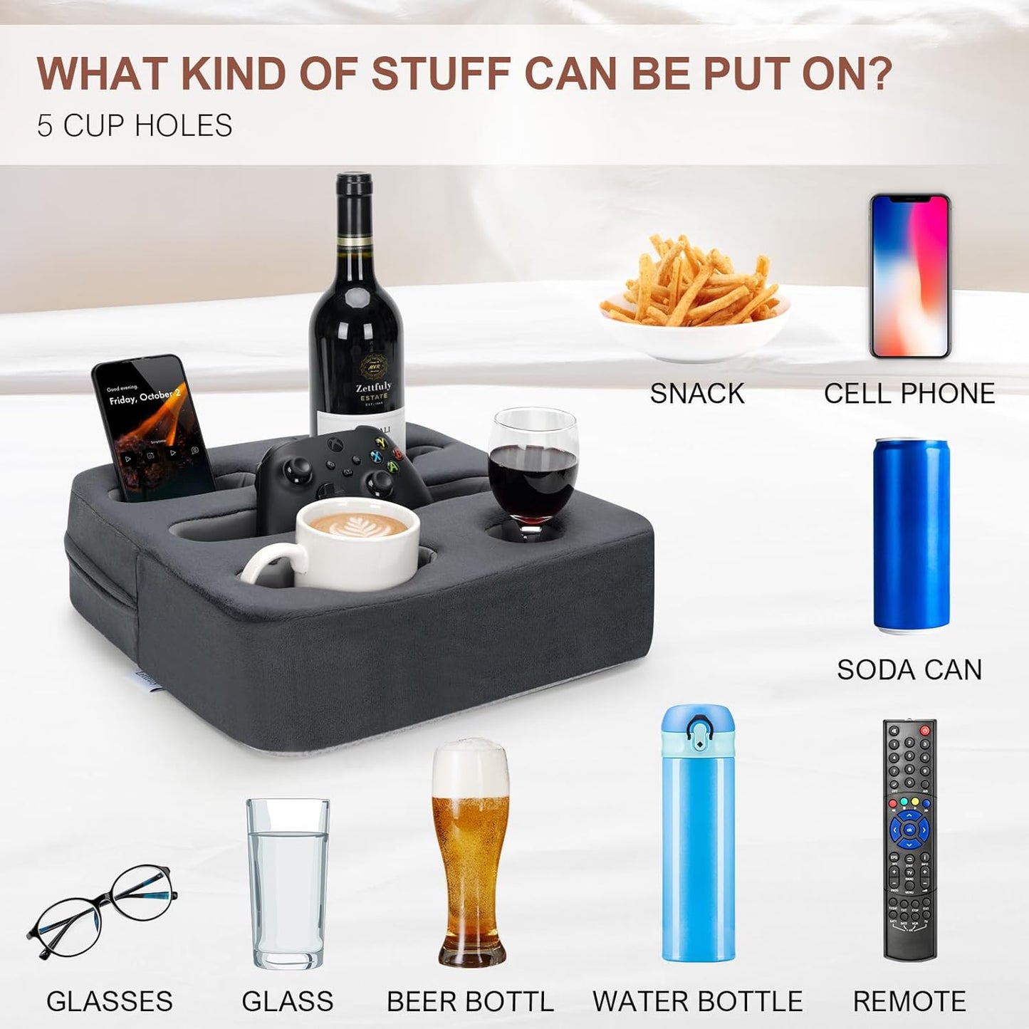 Couch Cup Holder Pillow - Sofa Cup Holder | Couch Caddy, Couch Drinks Remotes Holder for Cups, Headphones, Snacks， and Phones | Use it on Car, Pack, Beach, RV, and More(Grey)