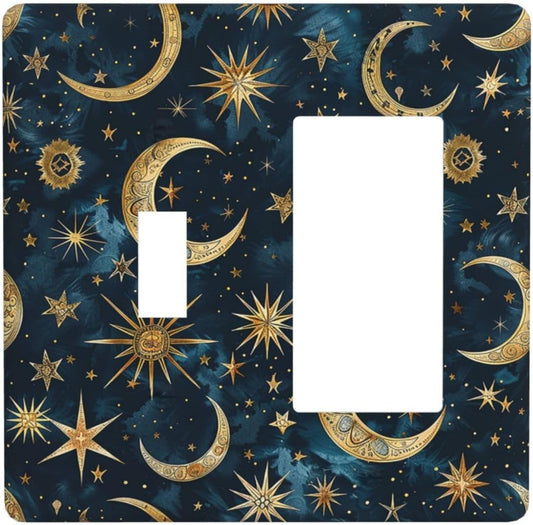 Outlet Covers Modern Abstract Sky Blue Gold Moon Sun Star 1 Toggle 1 Rocker Combination Decorative Wall Plate Electrical Switch Plates Light Switch Cover Plate for Bedroom Kids room Decor