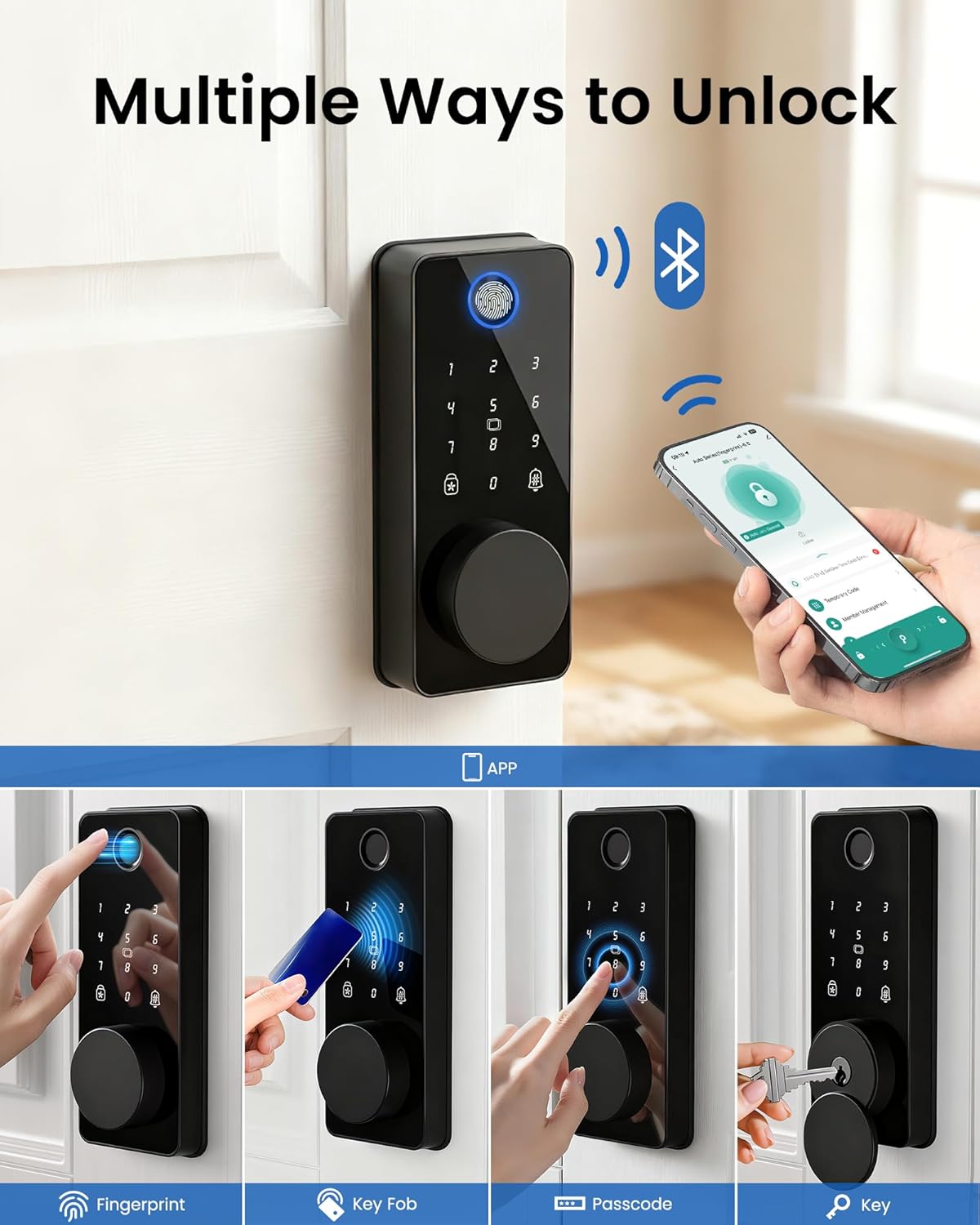 Smart Door Lock, Fingerprint Keyless Entry Deadbolt for Front Door App Control, Electronic Touchscreen Keypad, Auto Locking, IP54 Waterproof, Easy Install Digital Lock