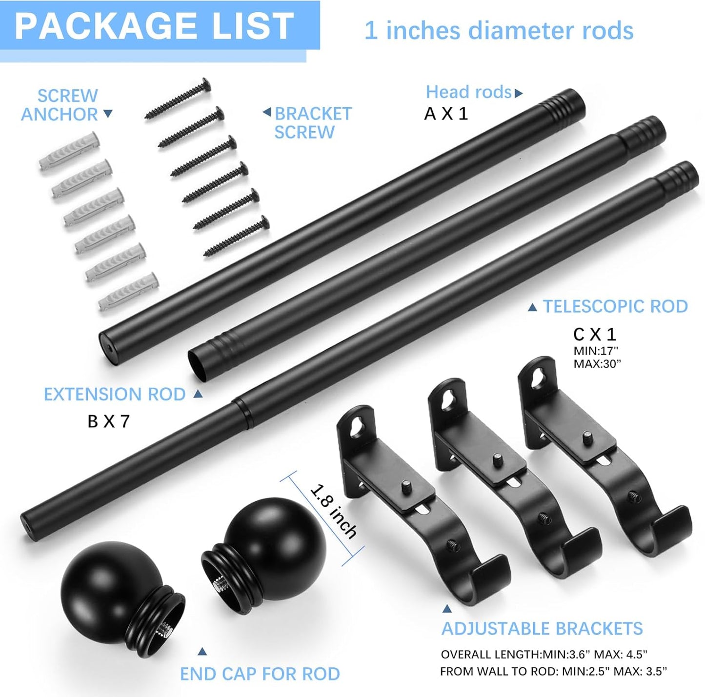 Curtain Rods for Windows 16 to 136 Inches, Curtain Rod Max Adjustable Length of 144 IN, 1" Diameter Drapery Rods Round Finials, Black, Pack of 1