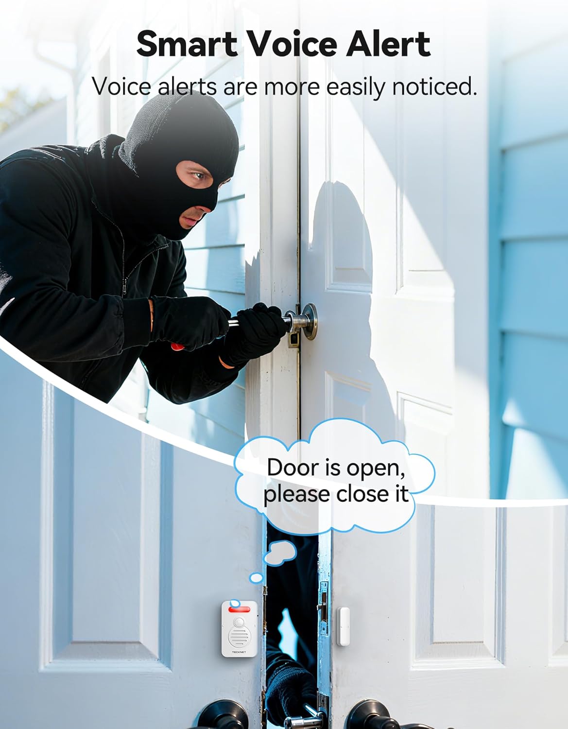 TECKNET Door Alarms for Kids Safety, Window Alarm with Smart Voice Alert, 4-Level Adjustable Volume, Refrigerator Sensor Pool Alarm Door Alarms when opened for Home Security、Fridge、Garage and Basement