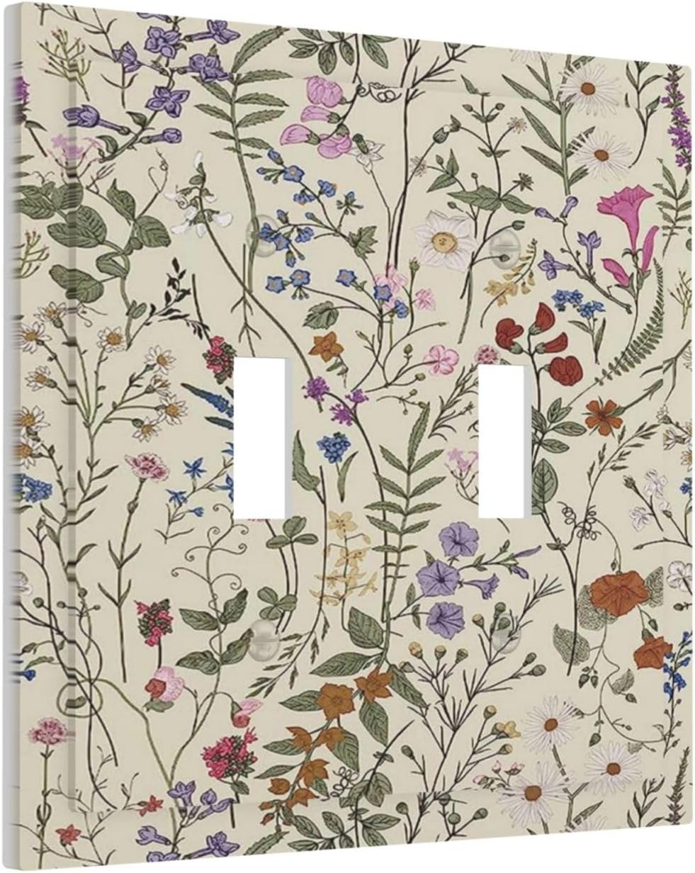 Beige Background Boho Flowers Plant Leaf Double Toggle Light Switch Covers 2 Gang Wall Plate Dual Decorative Switchplate Electrical Faceplate for Country Bathroom Bedroom Decor