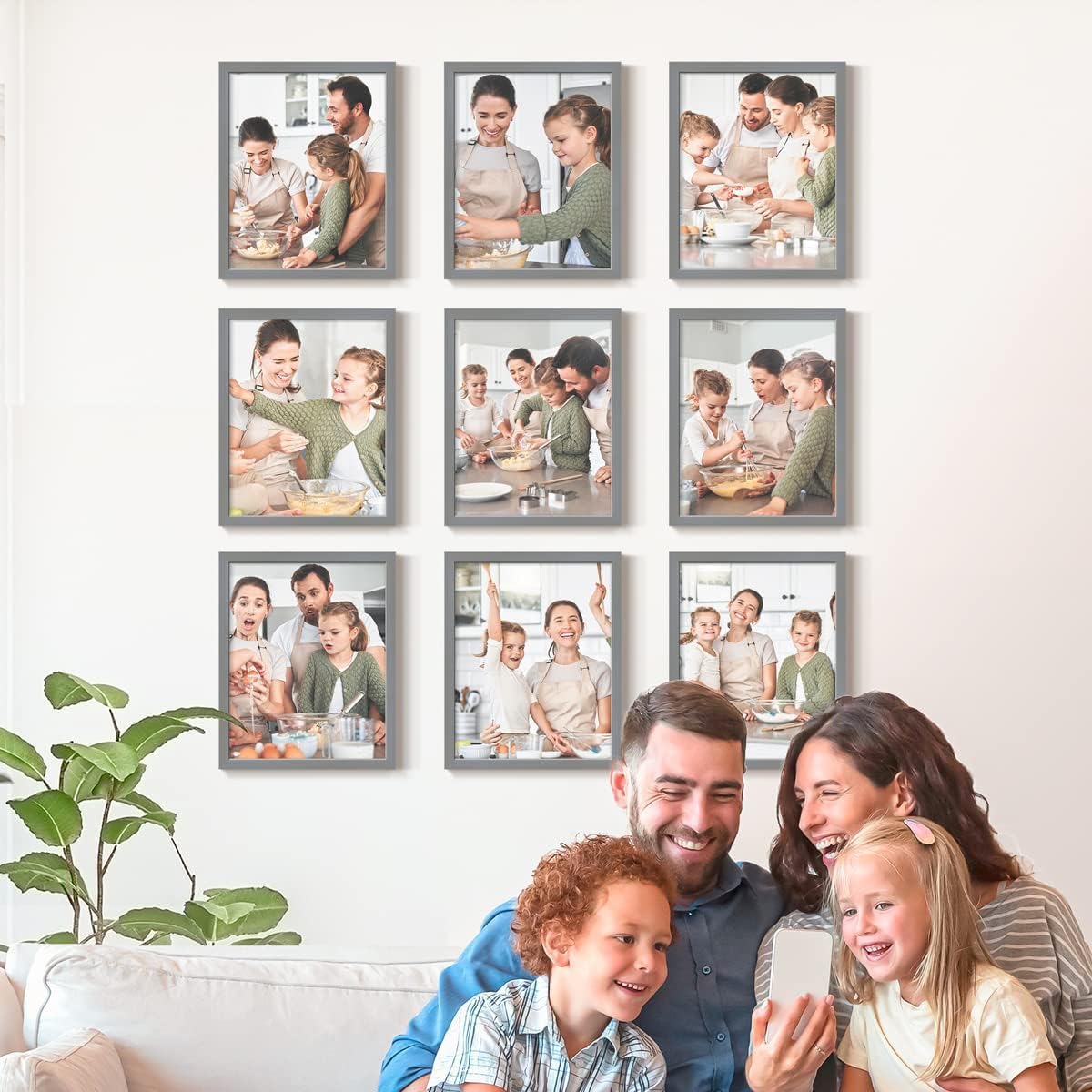 Renditions Gallery Set of 9, 8X10 Custom Photo Prints with Real Wood Picture Frames. Create Personalized Photos with Peel & Stick Photo Frames. Gray Frame
