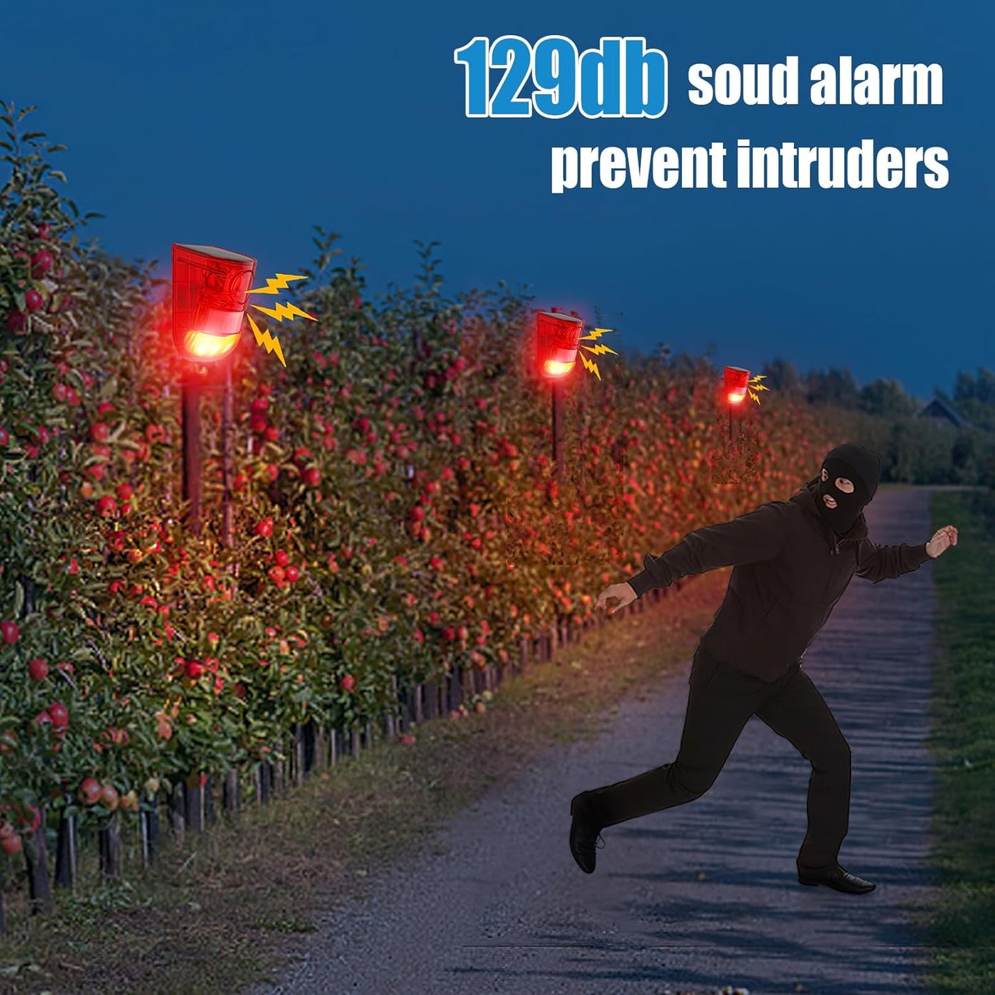 Qualirey 6 Pack Solar Sound and Light Alarm Motion Sensor 129db Outdoor Security Siren Waterproof Motion Activated Detector Alarm 6 LEDs Flash Warning Strobe System for Home, Farm (Red)