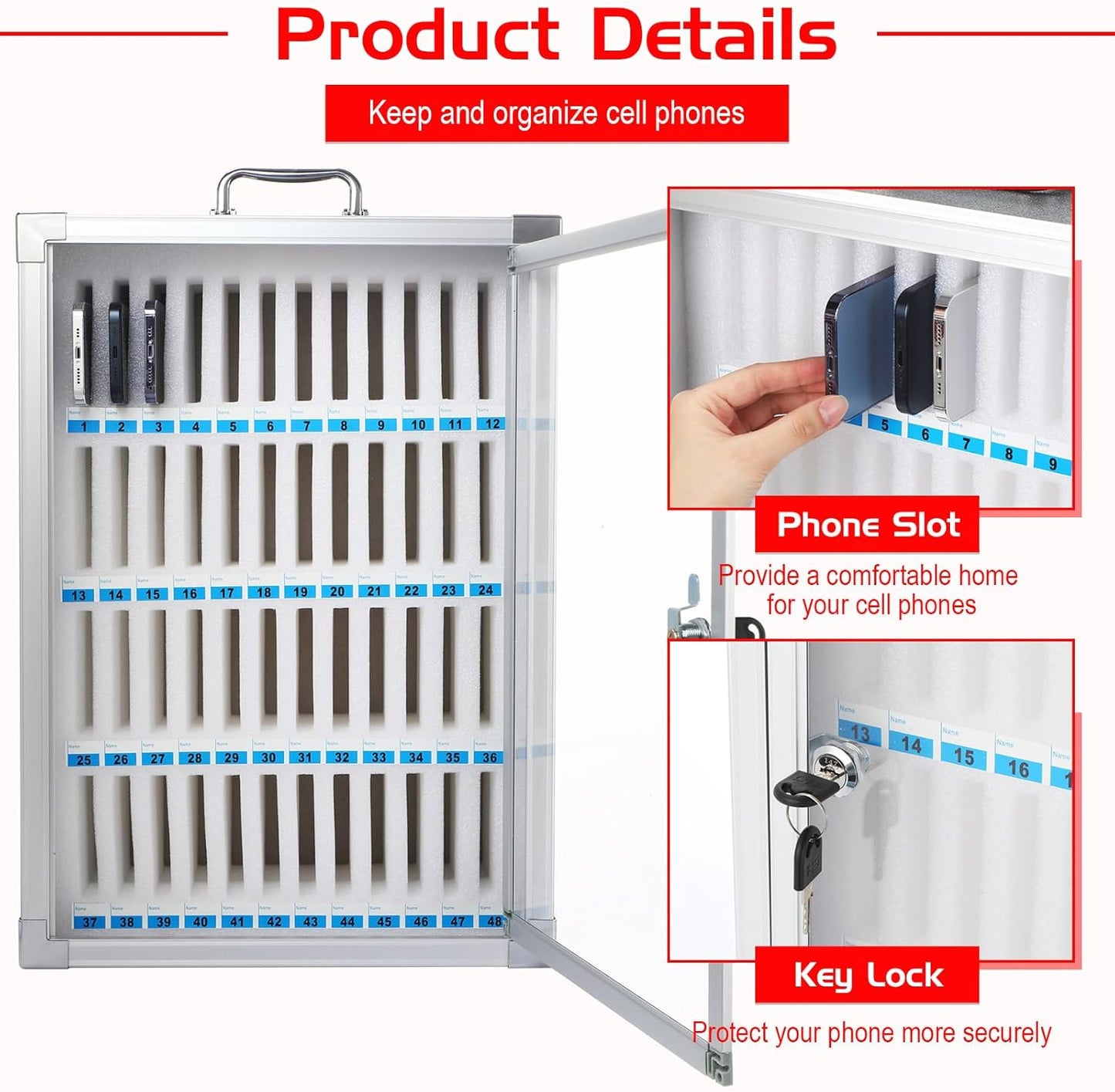 Amylove 48 Slots Cell Phone Locker Cabinet Aluminum Alloy Pocket Chart Storage Locker Box Cabinet Wall-Mounted Cell Phones Storage Box with Handle for Office Classroom Gym(Black)