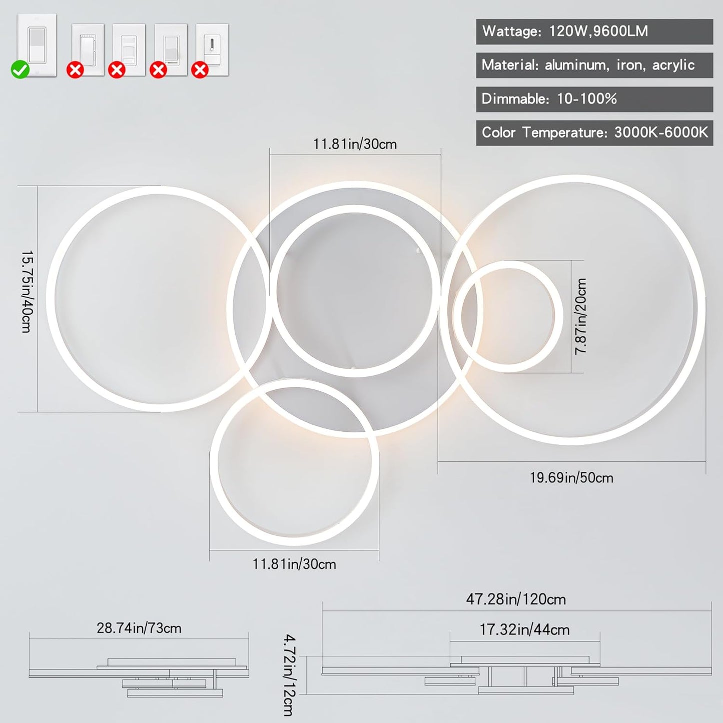 O'NEELDY Modern LED Ceiling Light White Flush Mount Ceiling Lights Fixtures Dimmable 47" Dining Room Light Fixture with Remote 6 Rings Kitchen Lighting Fixtures Ceiling Lamp for Bedroom,Living Room