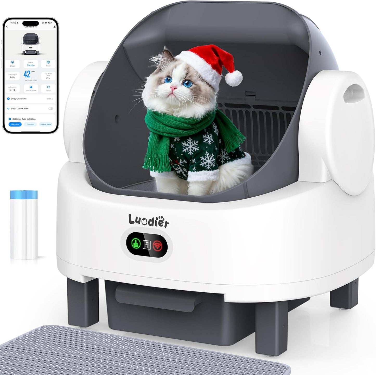 Self Cleaning Litter Box, Automatic Cat Litter Box Self Cleaning with APP Control, Odor-Free Waste Disposal Includes Trash Bags, Triple Safety Sensor, for Multiple Cats, Open-Top(White-Grey)
