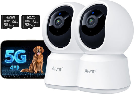 ARENTI 5G Indoor Security Camera 2 Pack, 4MP Pet Camera with Speaker for Dog/Cat, Baby Monitor with Phone App, Dual-Band WiFi, Auto Tracking, Super Night Vision, 64G Local Storage (P2Q 64G 2PC)