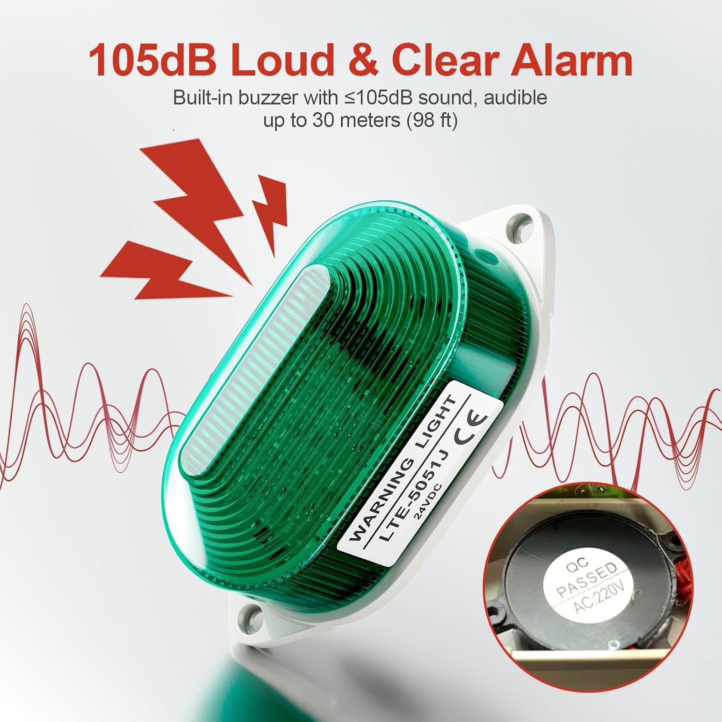 DC24V Strobe Siren Industrial Warning Light with Green LED and 105dB Buzzer, Ultra-Bright Signal Flashing Alarm Light for Safety and Alert, Oval