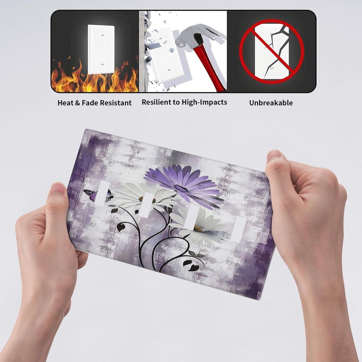 Light Switch Cover Plate Purple Daisy White Floral Butterfly Flowers Quad Toggle Wall Plates Decorative Switch Plates 4 Gang Outlet Covers Electrical Panel Cover Faceplate for Home Decor 4.5 X 8 IN