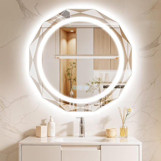 32 Inch Round LED Bathroom Mirror with Lights, Frameless Vanity LED Mirror for Bathroom with Beveled Edge, Backlit Anti-Fog, Dimmable, 3 Colors, Memory Function, Tempered Glass, Shatter-Proof