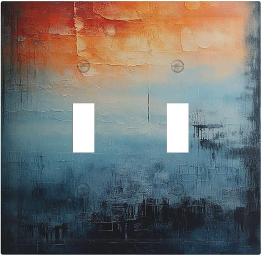 Blue Orange Abstract Modern Minimalist Oil Painting 2 Gang Double Toggle Light Switch Cover Decorative Switchplate Electrical Wall Plates Faceplate for Bathroom Bedroom Decor 4.9 X 5 IN