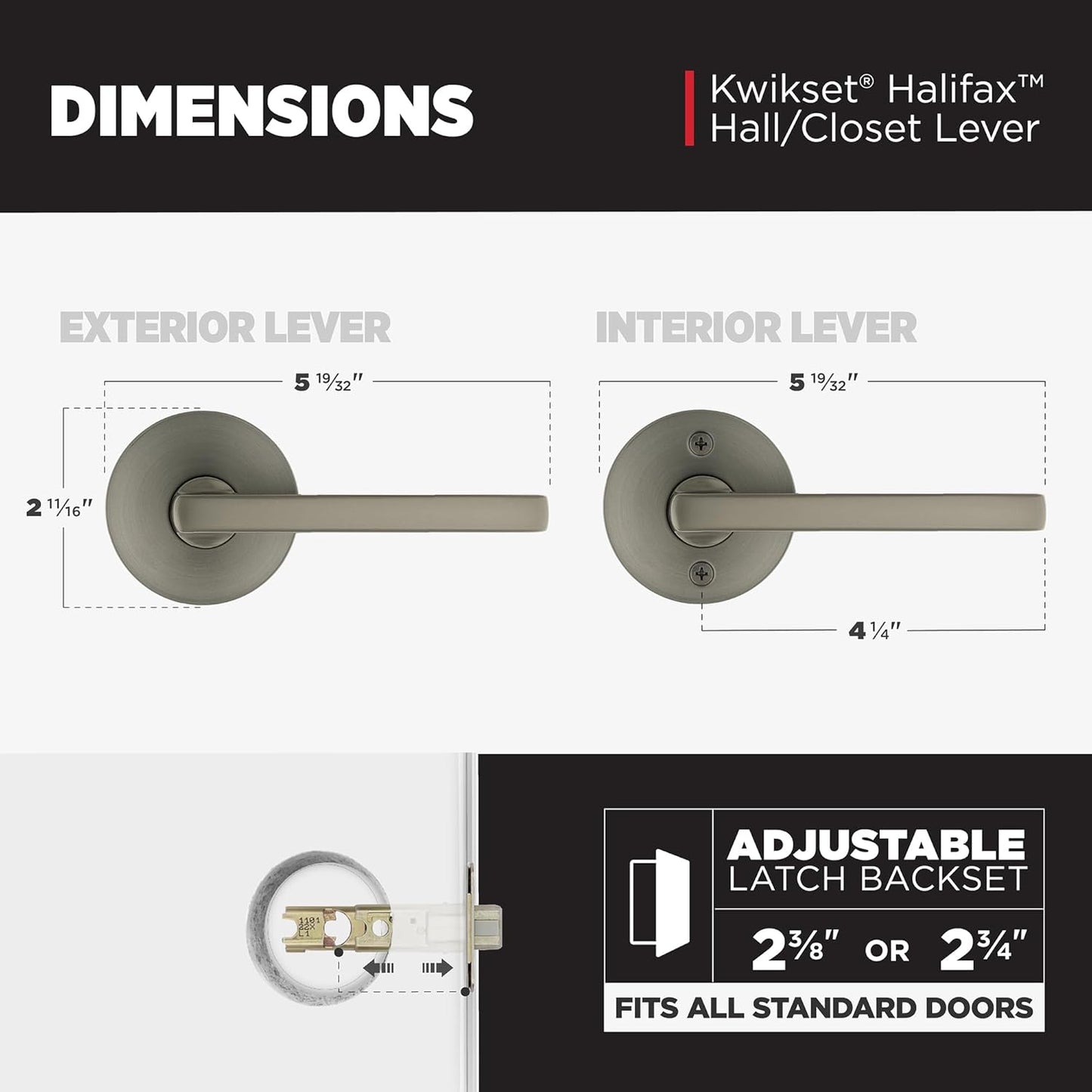 Kwikset Halifax Interior Round Passage Door Handle, Lever for Closet and Hallway Doors, Reversible Non-Locking Handle Lever, Gunmetal