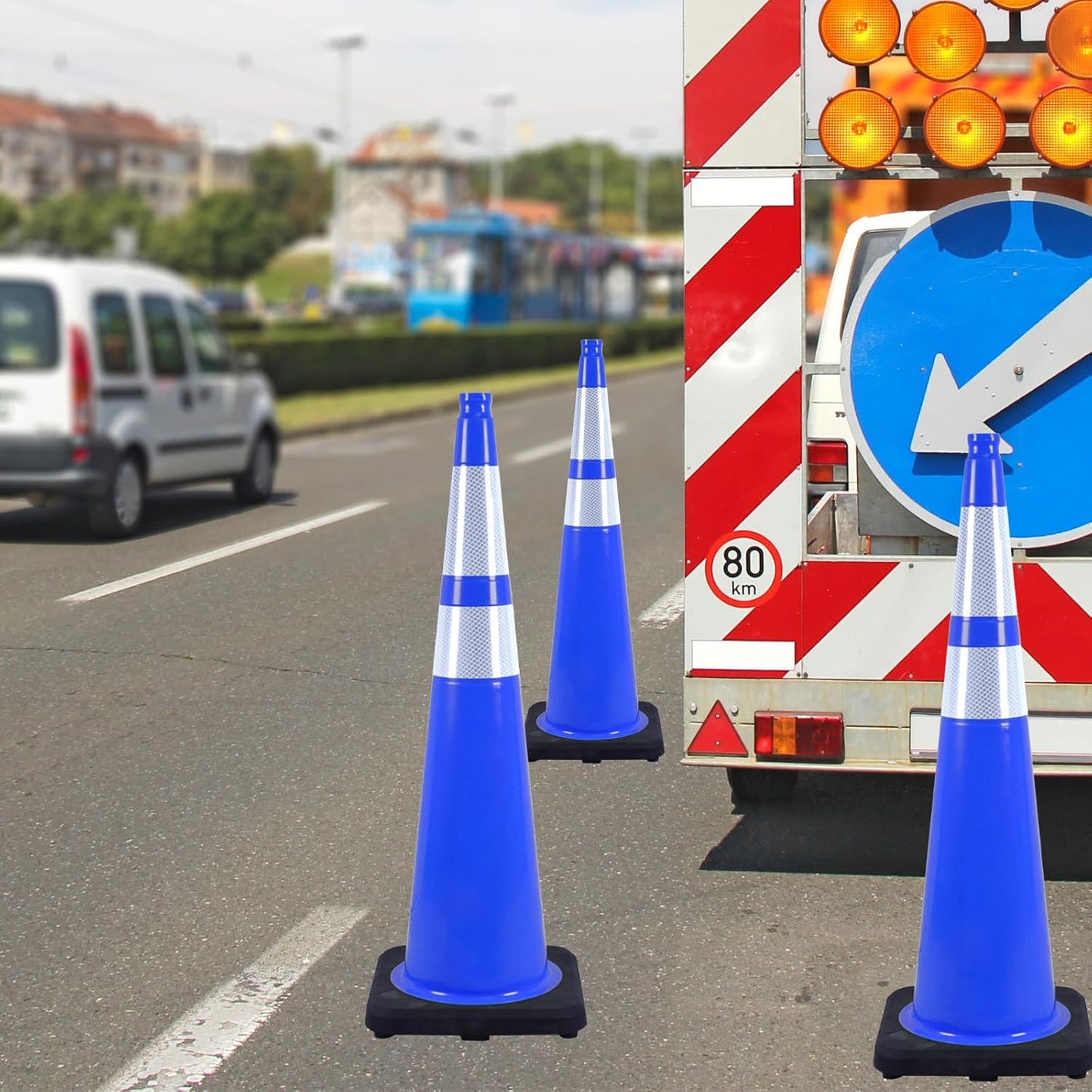 4 Pack 36 Inch Blue Traffic Cones Black Base, Tall Durable Safety Cones for Driveway Control, Event Organization, Construction Zones (4, Blue, 36 Inch)