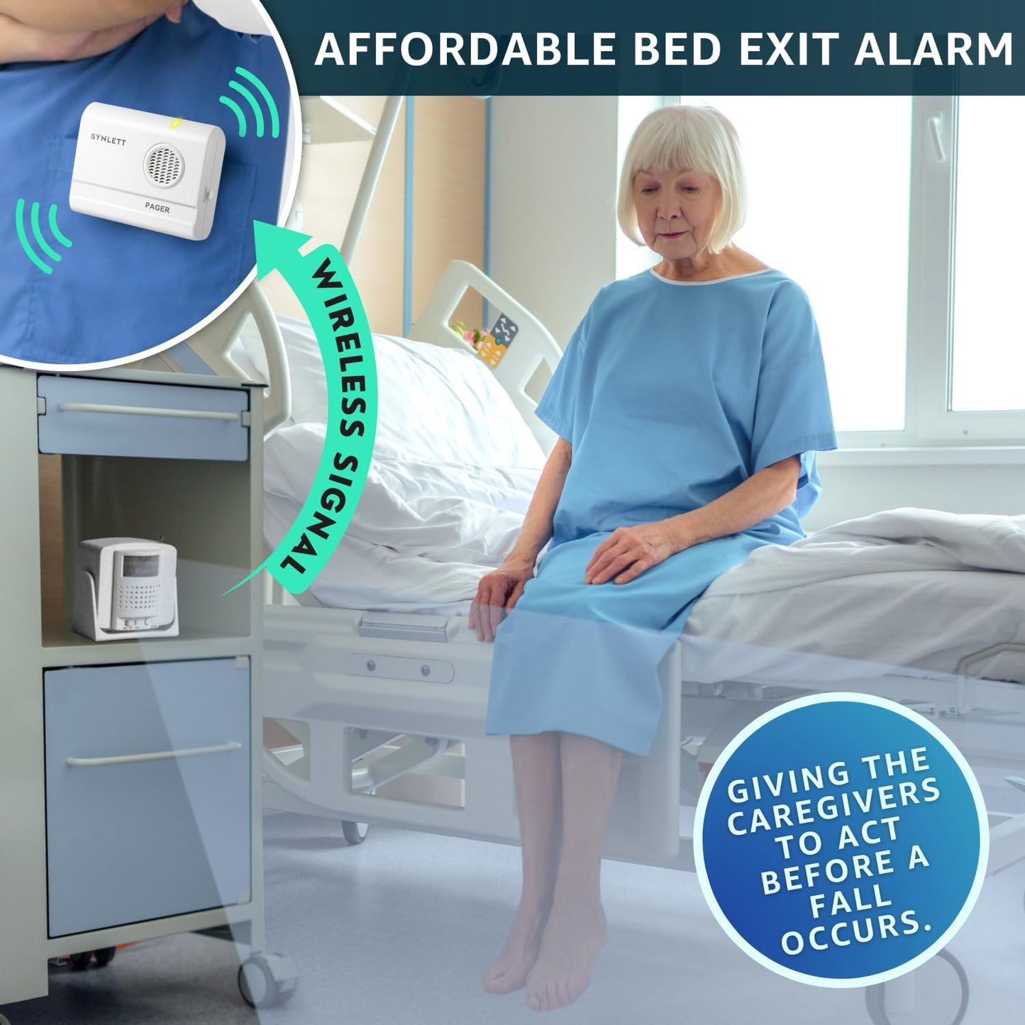 Bed Alarm Caregiver Pager with Wireless Motion Sensor Alarm Indoor Fall Prevention for Elderly Monitoring Seniors Dementia Patients Seniors Home Door Chime