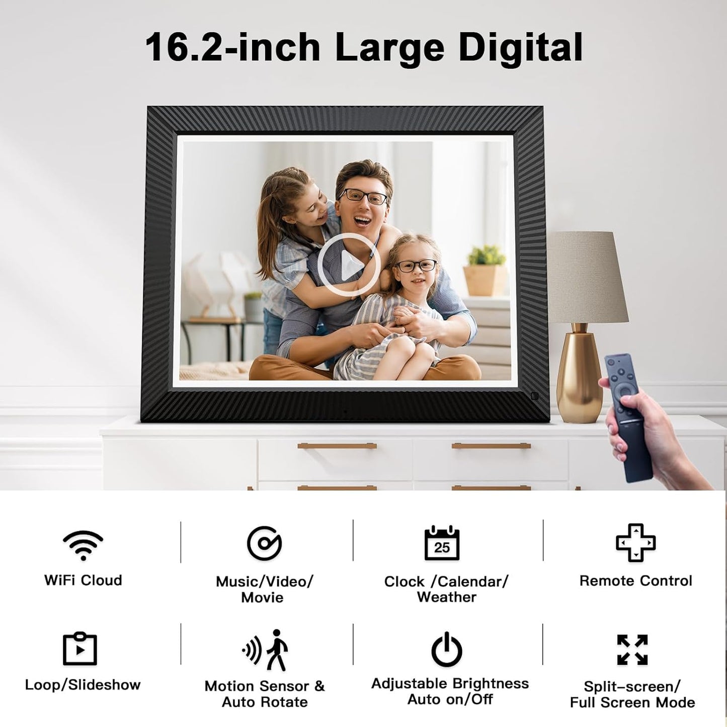 Large Digital Photo Frame 16.2"-Digital-Picture-Frame - 32GB Dual-WiFi Digital Frame, No Touch Screen, Slideshow, Load Photo Video from Phone via APP Email, Free Cloud Storage, Gift for Mom Dad