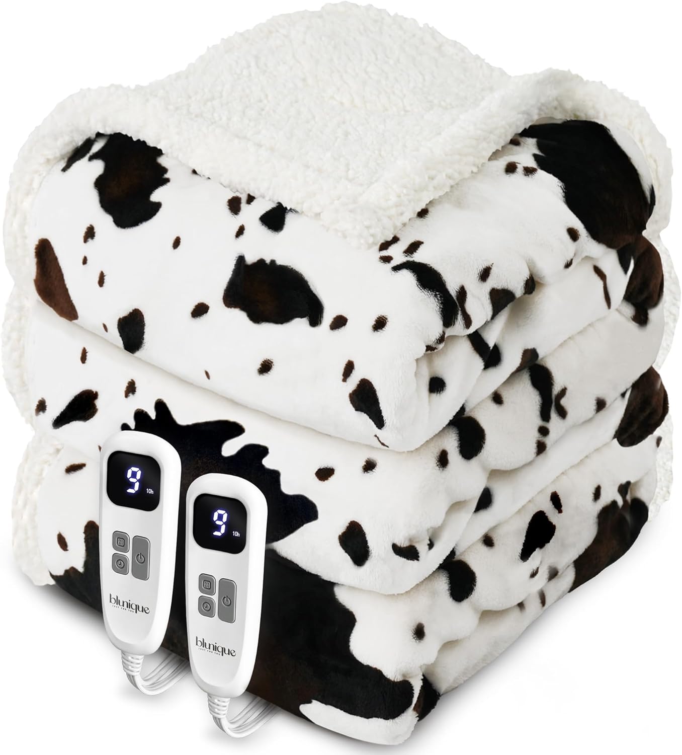 Cow Print Electric Heated Blanket Queen-Dual Control Heating Blanket Queen Size with 10 Heat Levels & 10 Hours Auto-Off, Cozy Soft Fleece Sherpa, Washable, 84x90 Inches Cow Print White