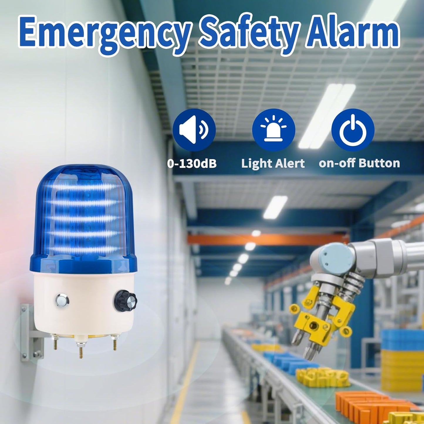 Industrial LED Rotating Warning Light, AC110V Red Strobe Light for Public Emergency Alarms, Indoor/Outdoor Safety Siren with Volume Adjustment/Plug and Buzzer (Blue PRO(0-130dB,AC110V))