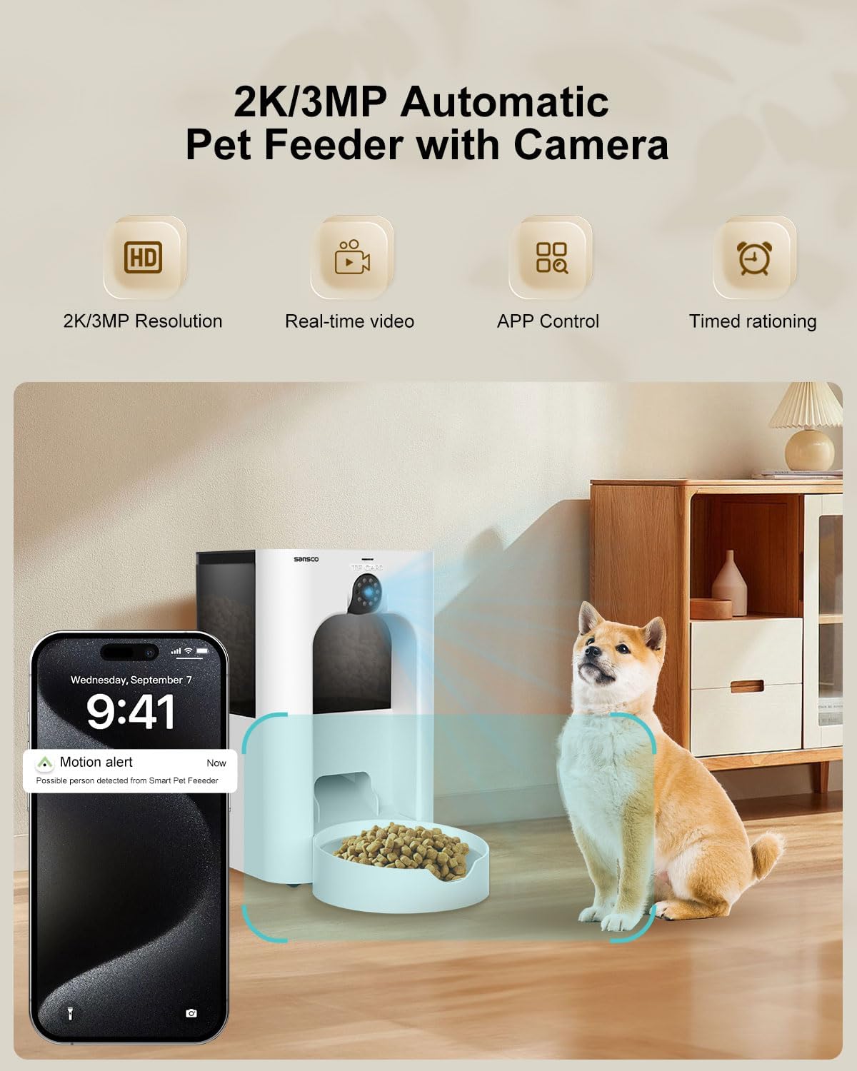 SANSCO Automatic Cat Feeder with Camera: Automatic Dog Feeder, 2K 3MP Video Recording Timed 2.4 & 5GHz WiFi App Control Pet Feeder Dispenser for Cat Dog, Rotates Up and Down, 4L