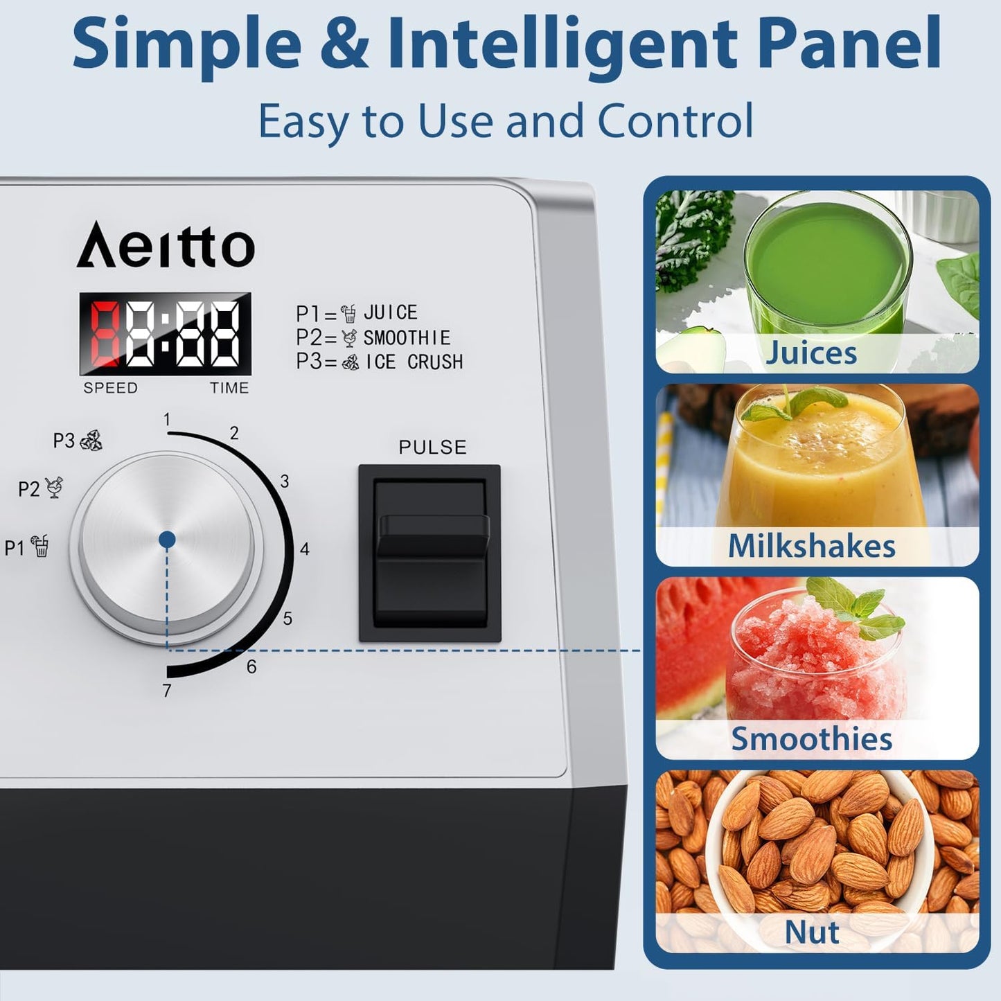 Aeitto Blenders for Kitchen with 68Oz. Jar, 1800W Max Power Smoothie Blender, 3 Preset Programs & 7 Speeds, Professional Countertop Blender for Smoothies, Ice Crush, Frozen Drinks, Generation2 Silver