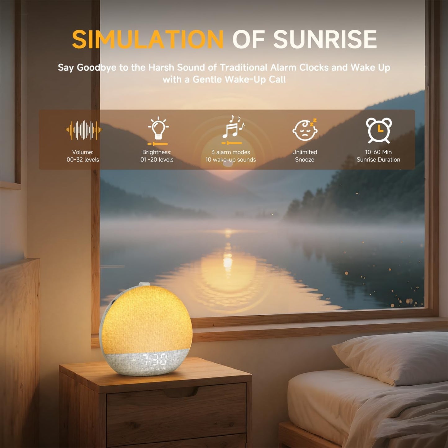 Sunrise Alarm Clock White Noise Sound Machine for Bedroom | Natural Wake-Up Light with 30 Soothing Sleep Aids, Bluetooth Speaker, Dimmable Clock, Screen-Free Design for Baby Adults Kids-White