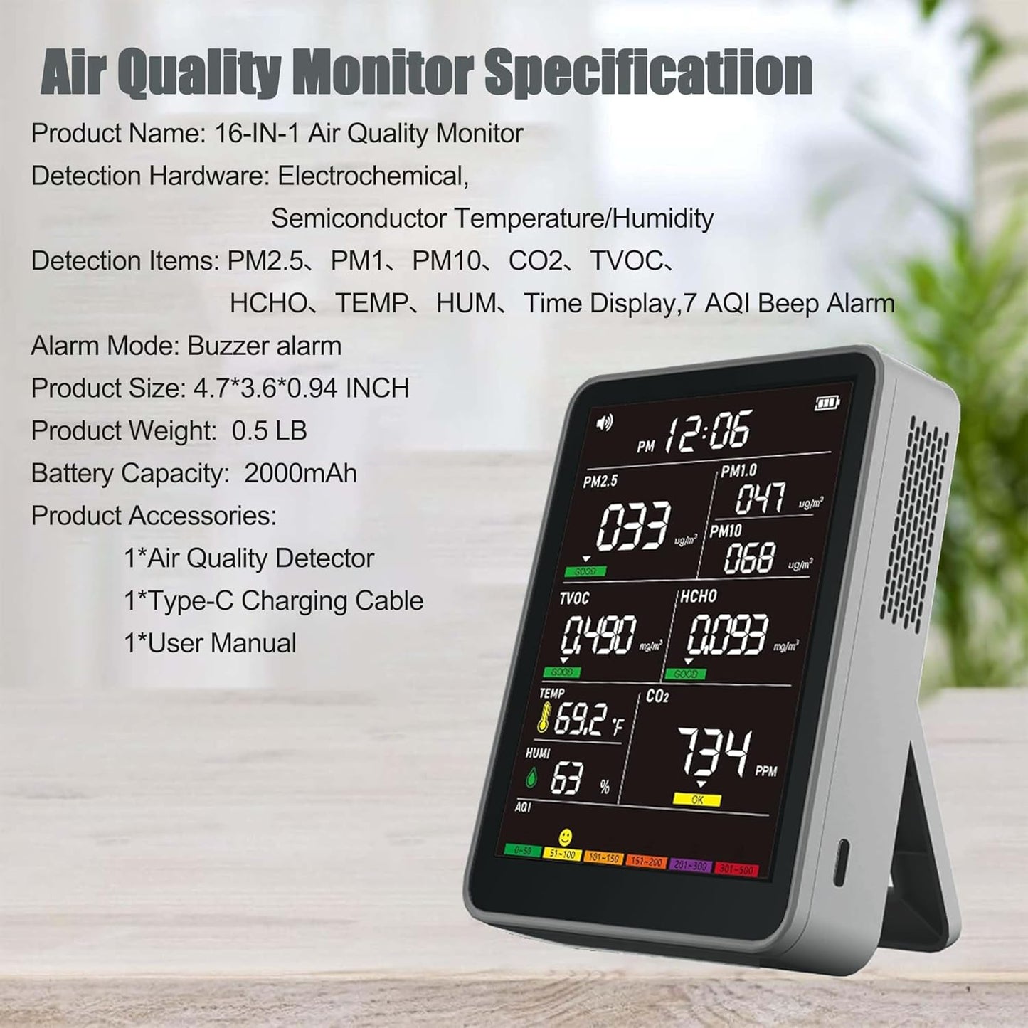 Professional Indoor Air Quality Monitor with AQI, Portable Real-Time Detector for Home Cars Plants and Pets (Gray)