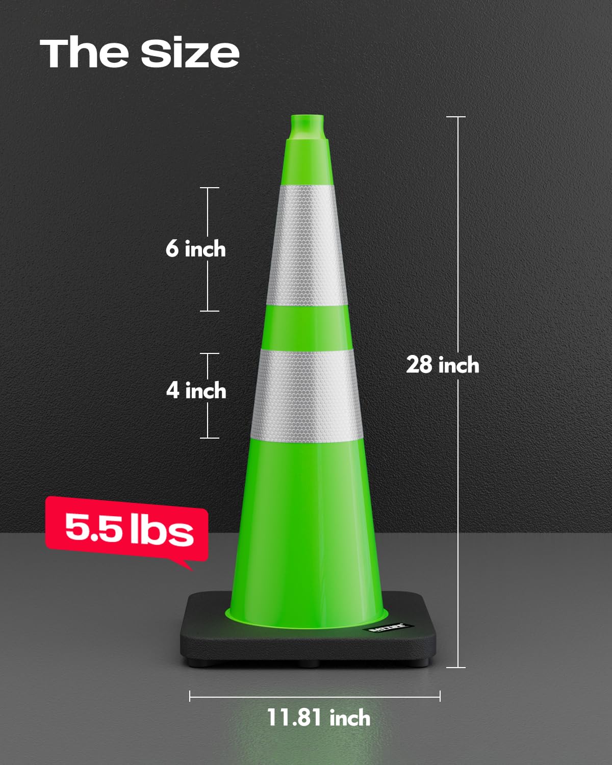 BATTIFE 28 Inch Traffic Cones with Black Weighted Base, PVC Green Safety Cones for Traffic Control, Construction Events, Driveways, and Parking Lots (6 Pack)
