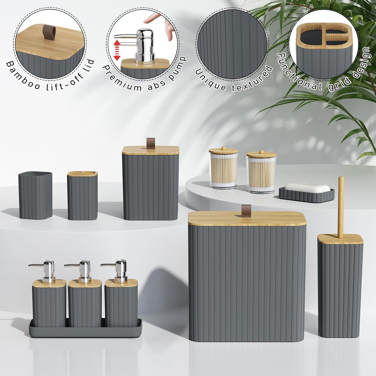 Bathroom Accessory Set - Grey Bathroom Set, 27PC Bathroom Accessories Set, Bathroom Sets with Shower Curtain and Rugs, Mini Trash Can, Toilet Brush, Trash Can & Soap Dispenser