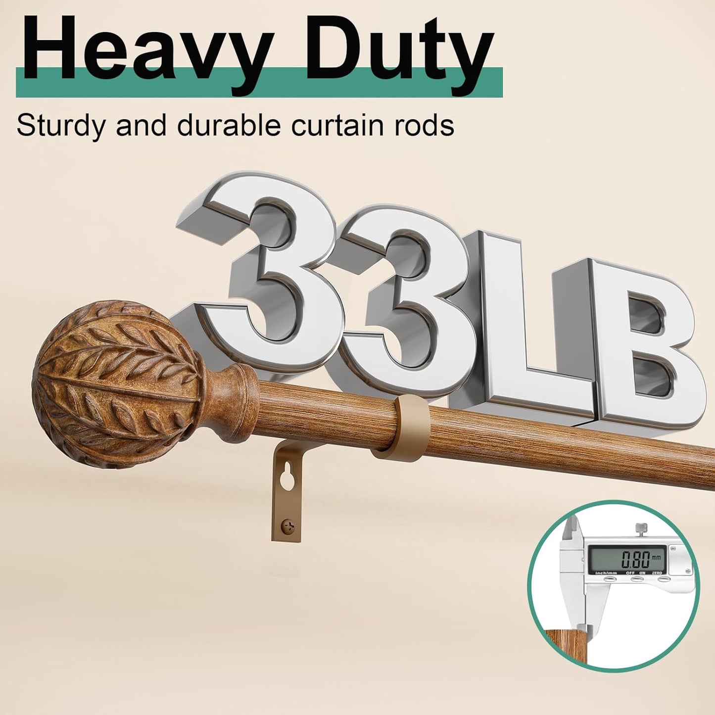 Boho Wood Curtain Rods for Windows 48 to 84 inch,1" Adjustable Heavy Duty Window Curtain Rod with Imitation Wood Grain Finials,Rustic Decorative Drapery Rods Set,Size:36-88'',Natural Wood
